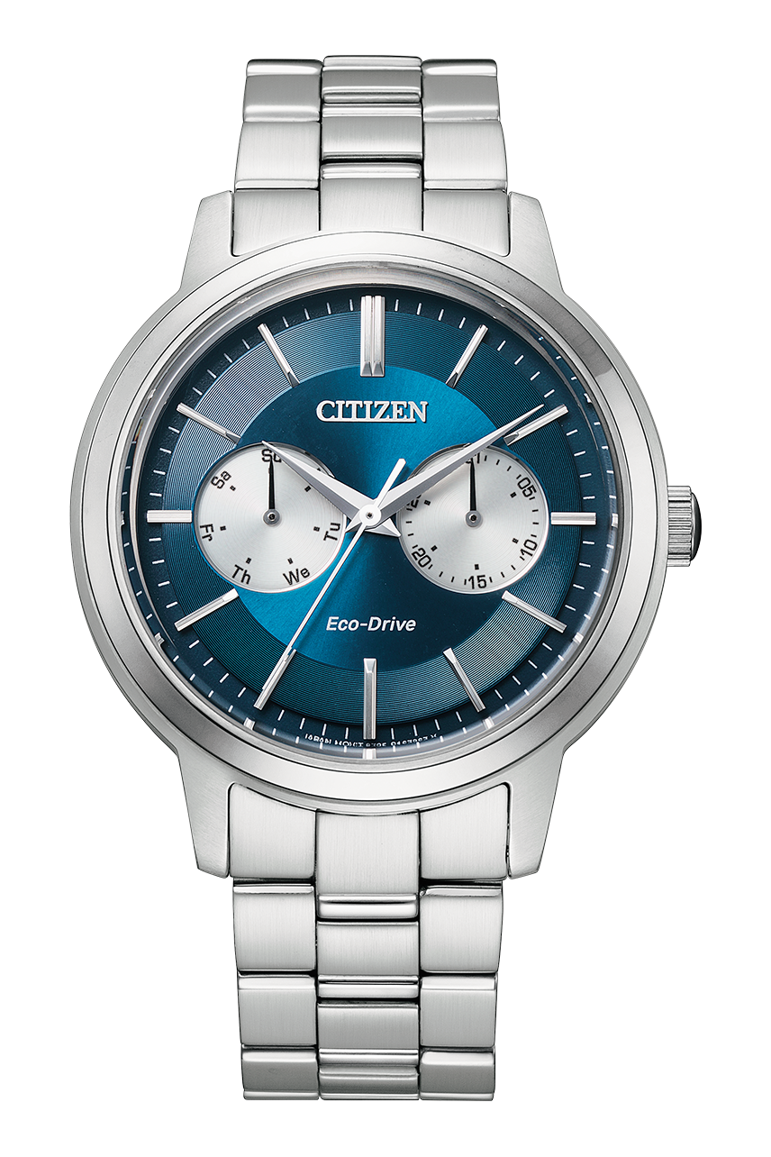 Stainless steel Citizen wristwatch with a blue dial and two subdials.