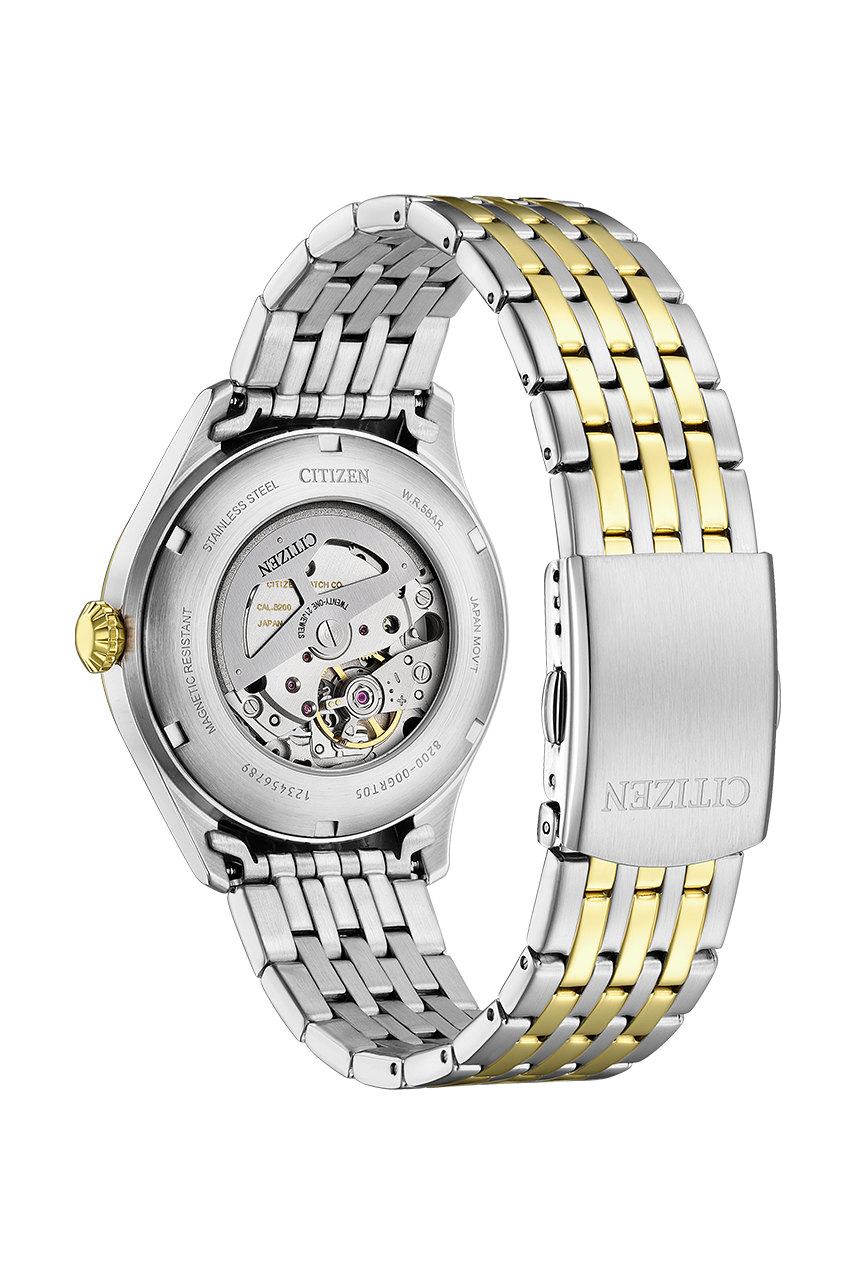 Citizen Mechanical NH8414-58B cream dial two tone stainless steel detail view