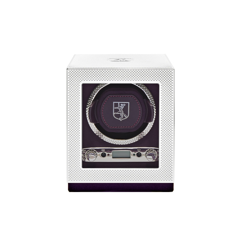 Wolf Silver Programmable Single Watch Winder 190003, 999 silver-plated, engine-turned case with 190th anniversary crest