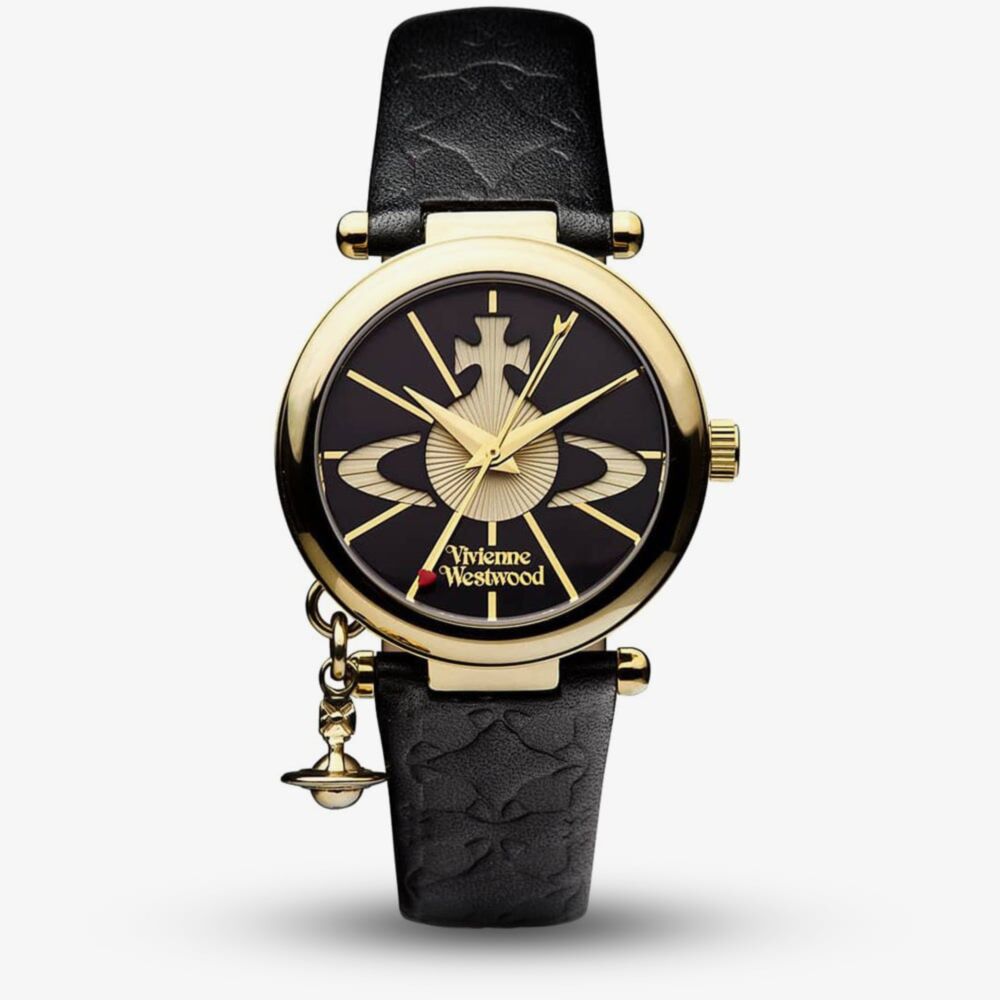 Vivienne Westwood Orb II women's watch with a black dial and black leather strap.