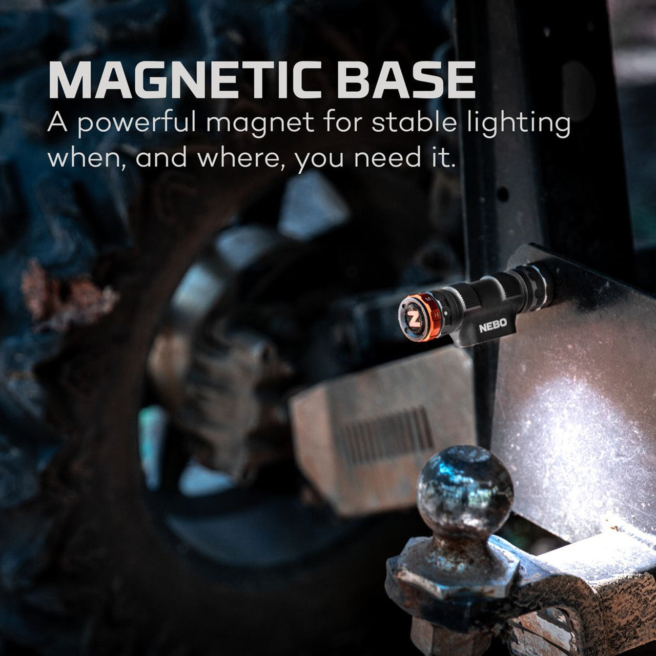 Magnetic flashlight attached to a metal surface.