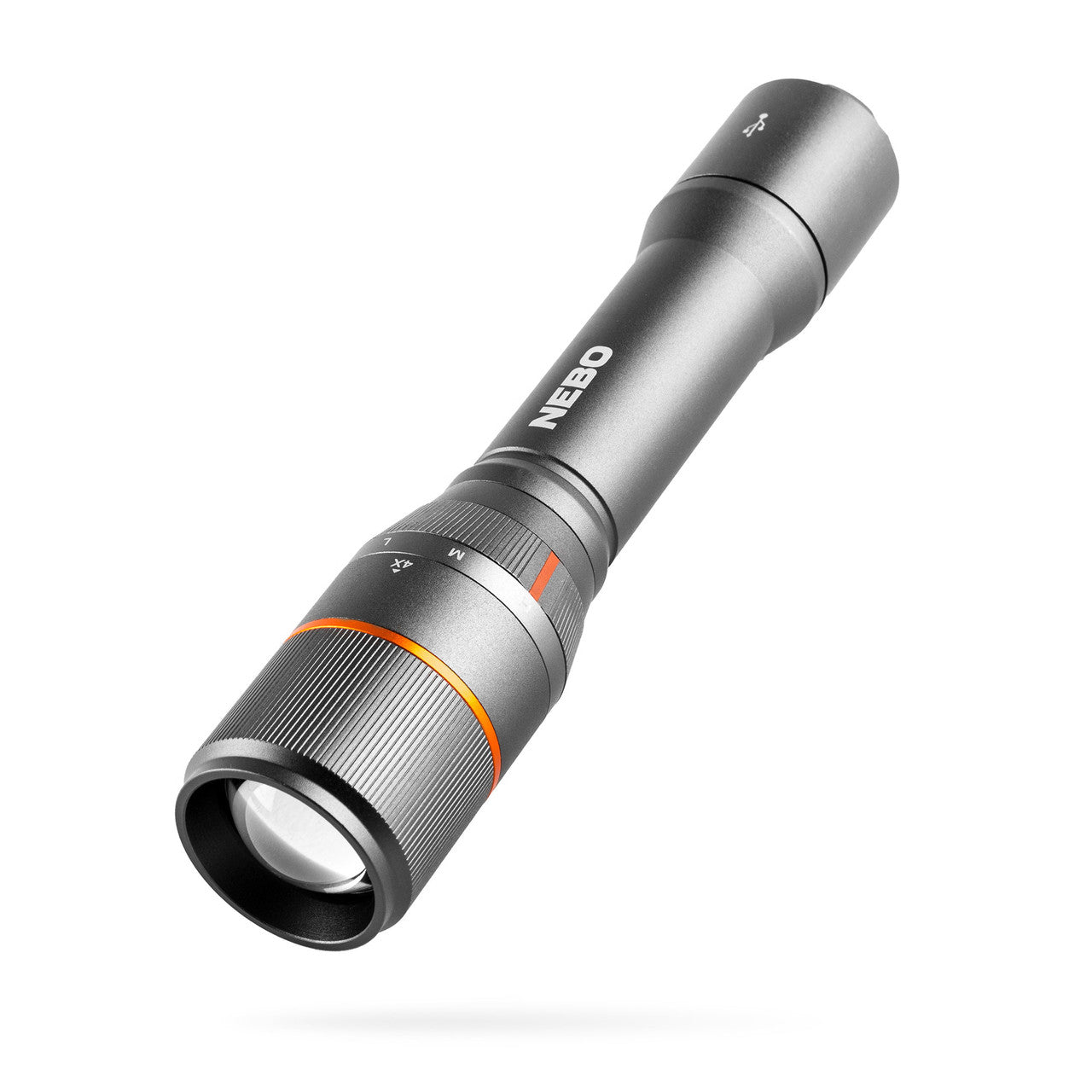 Metallic gray flashlight with an adjustable beam focus and orange accents.