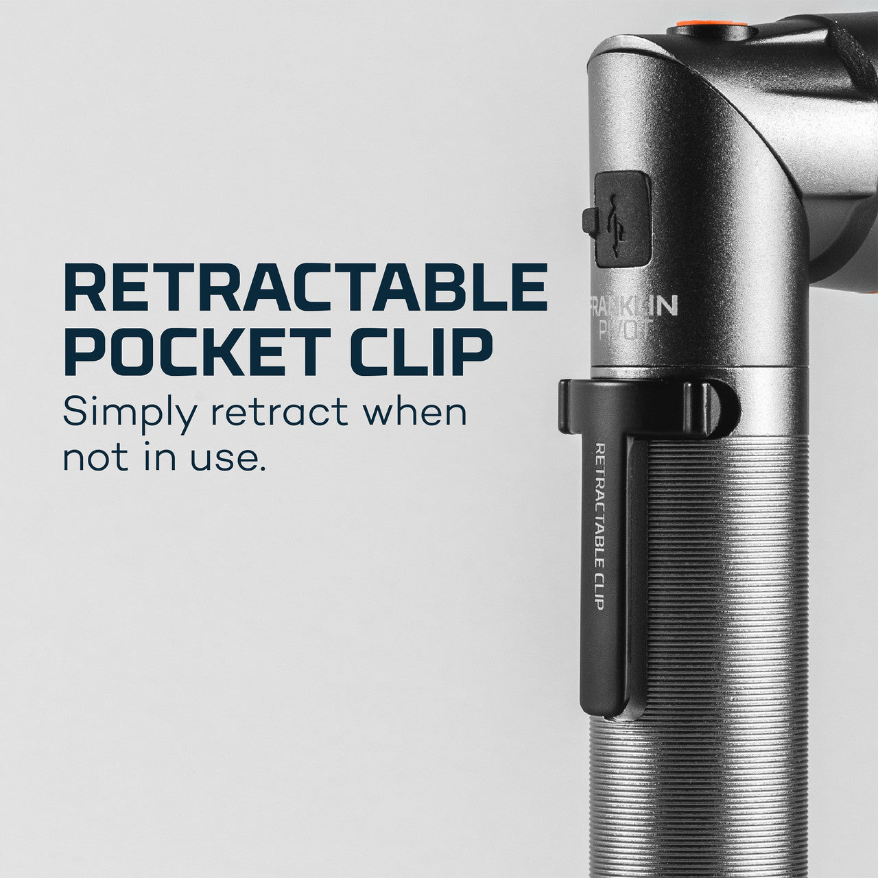 Sleek metallic flashlight with a retractable pocket clip feature.