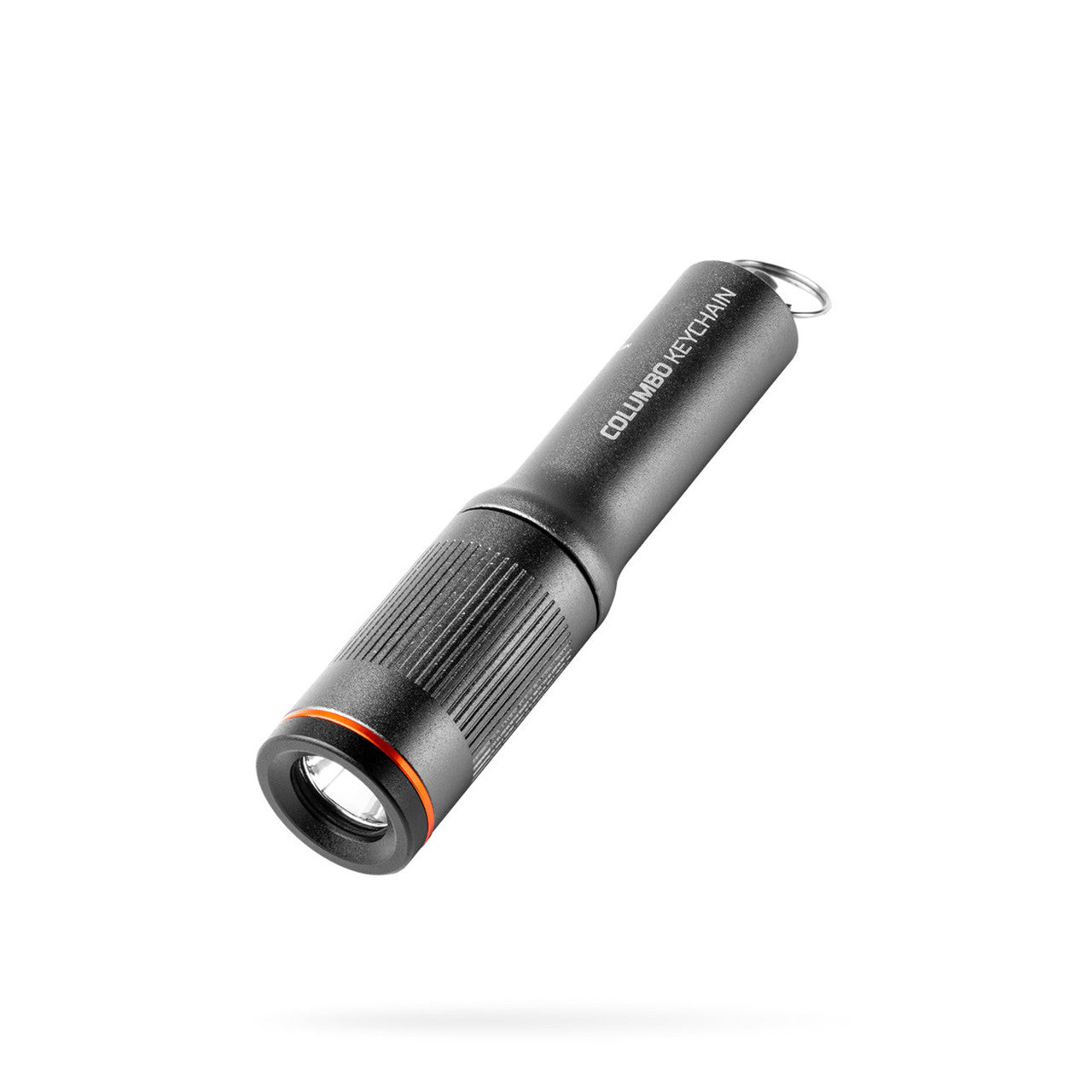 Cylindrical black flashlight with an orange ring near the lens.