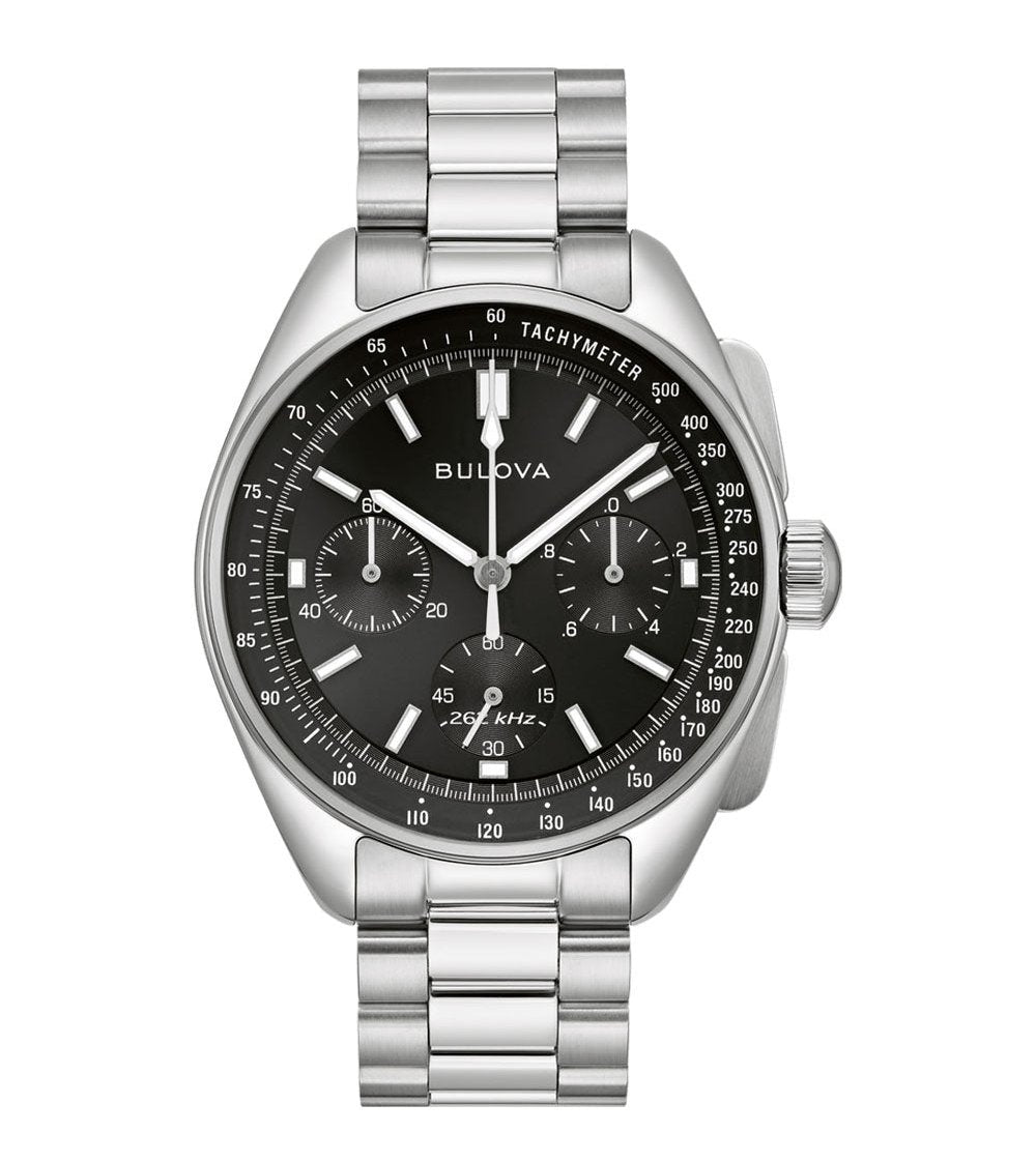Silver stainless steel Bulova chronograph wristwatch with a black dial.