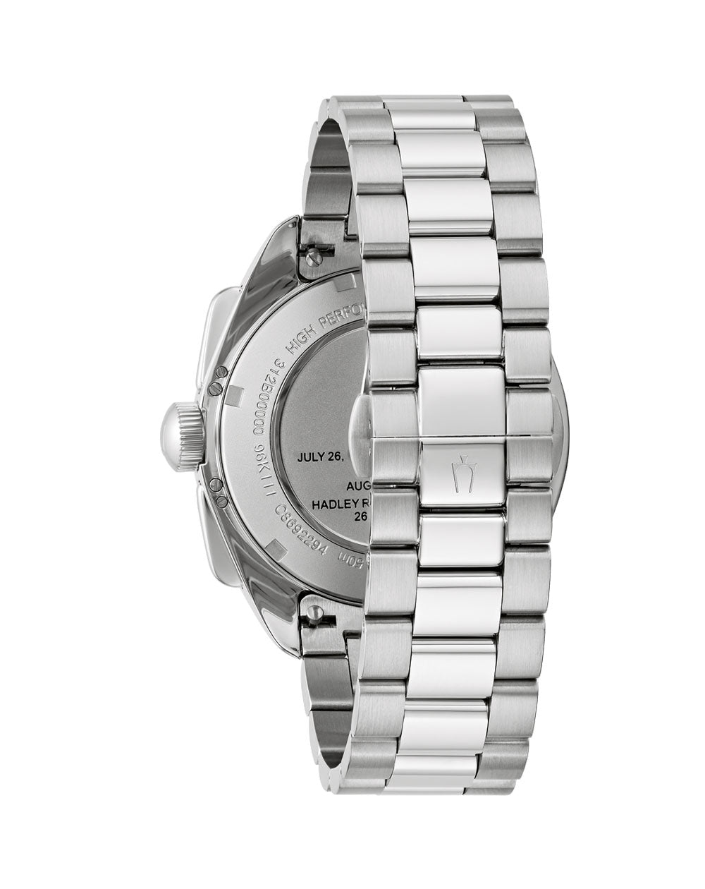 Silver wristwatch with a metal bracelet band viewed from the side.