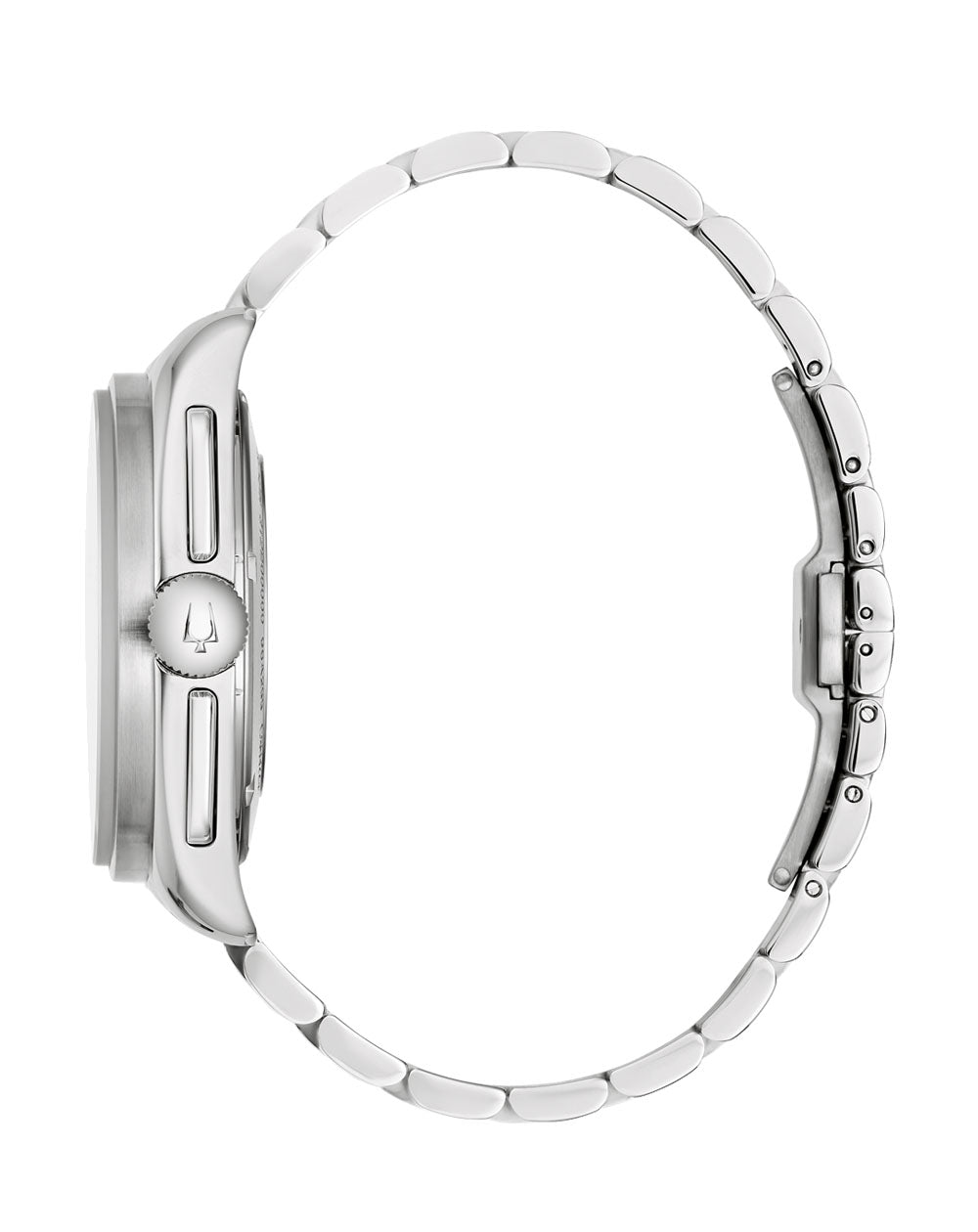 Stainless steel wristwatch with a metal link bracelet and round face.