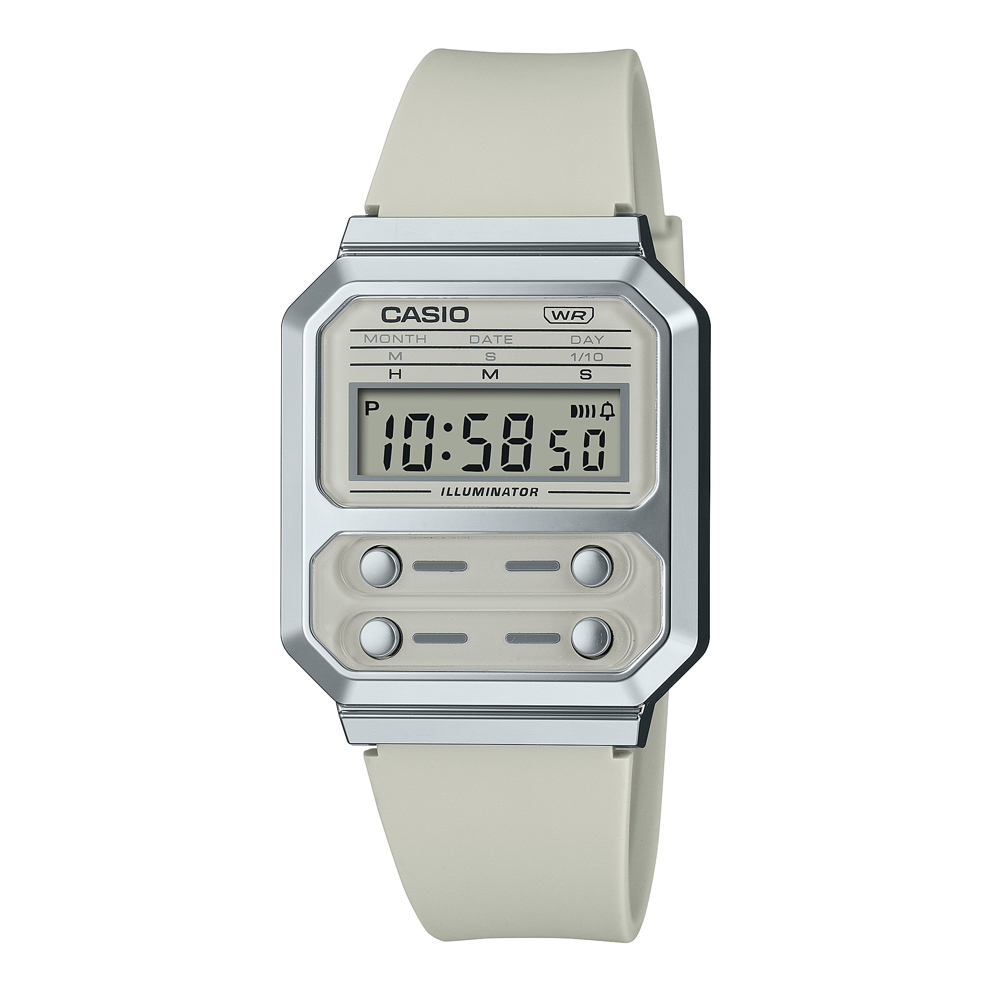 Retro-style Casio digital wristwatch with a square face and light-colored band.