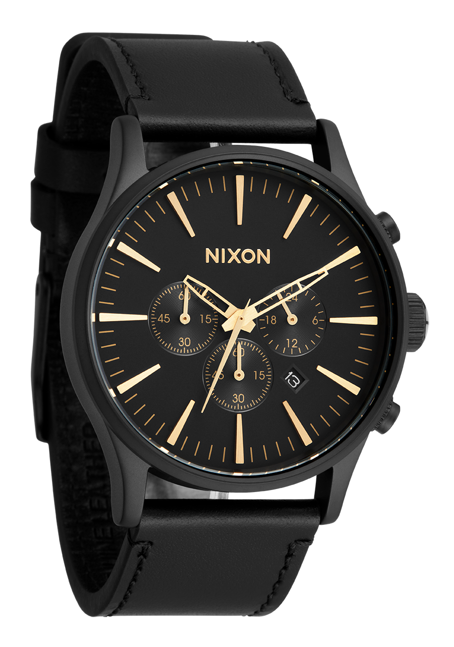 Black wristwatch with gold accents and a chronograph display.