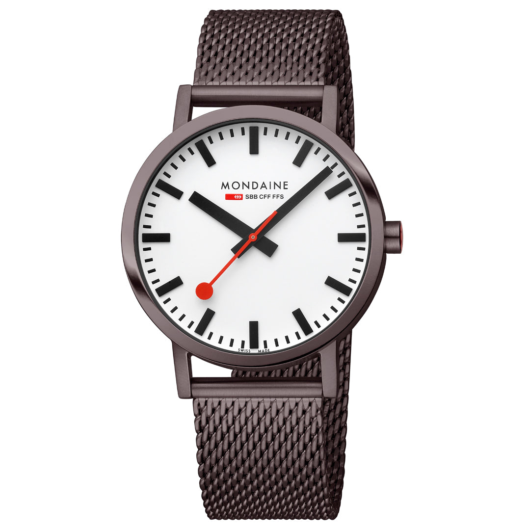 Mondaine Classic 40mm White Dial Brown Mesh Swiss Watch for Men