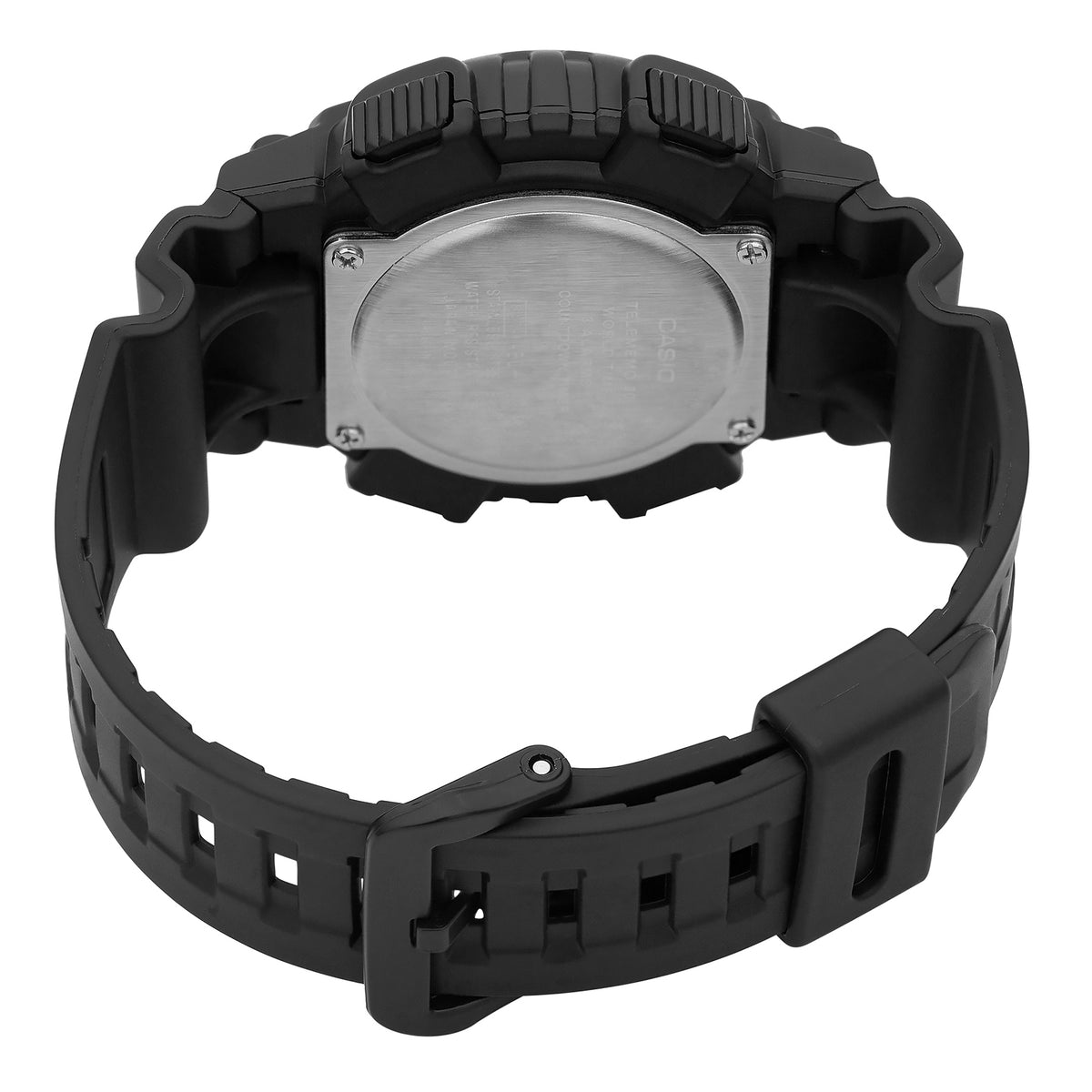 Black digital wristwatch with a rugged design and silver-colored back plate.