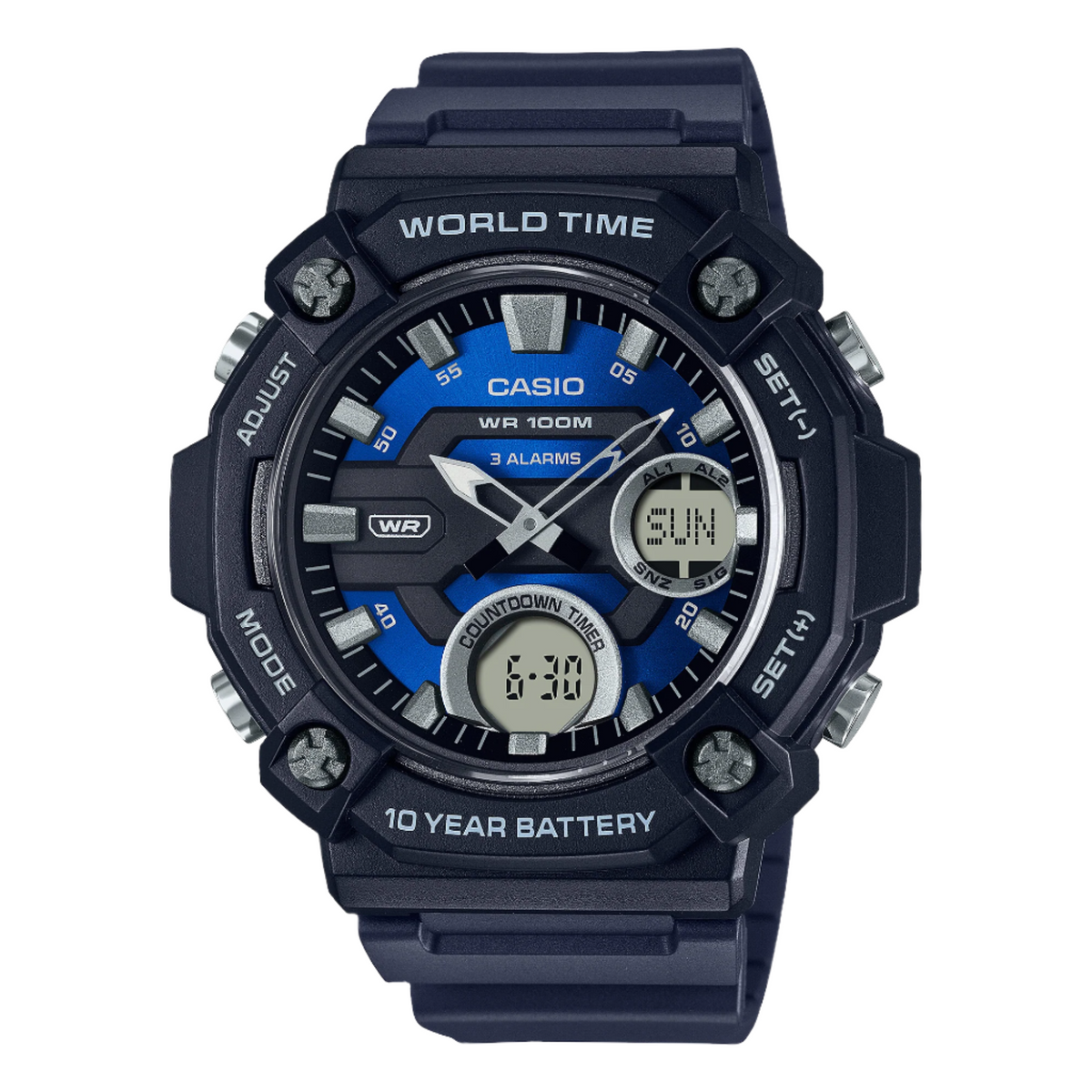 Casio Digital Analog Blue Dial Black Resin Band Watch AEQ120W-2A