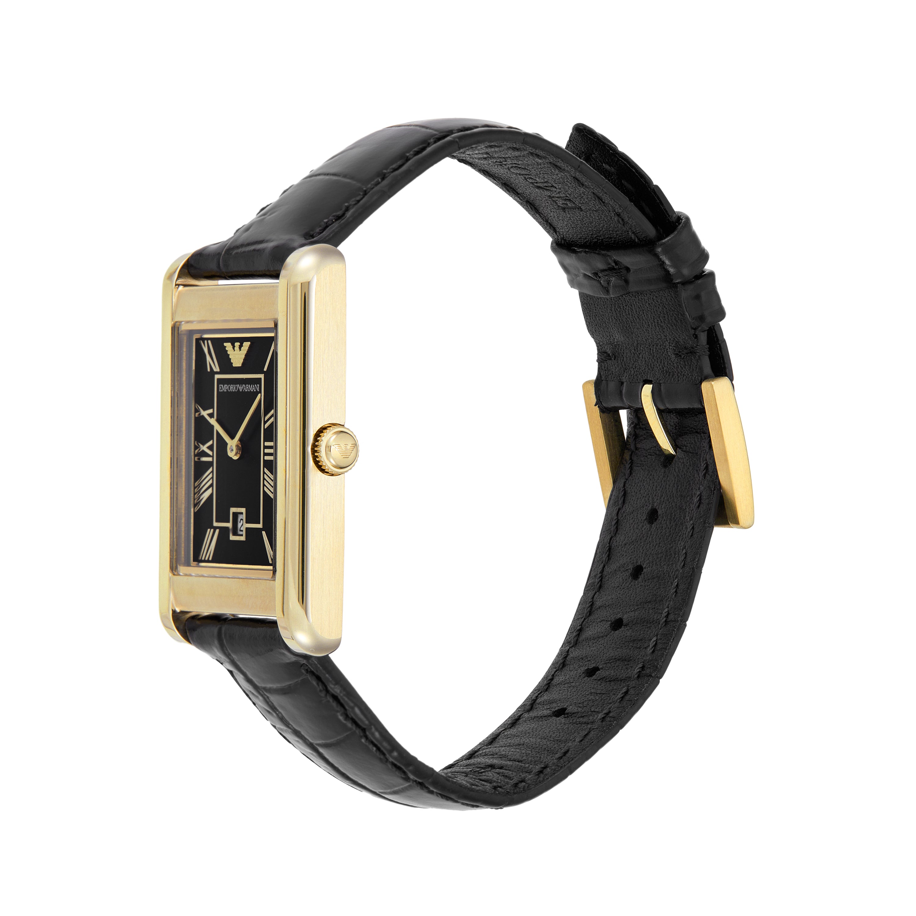 Emporio Armani Two-Hand Black Dial Black Leather Strap Watch AR11666