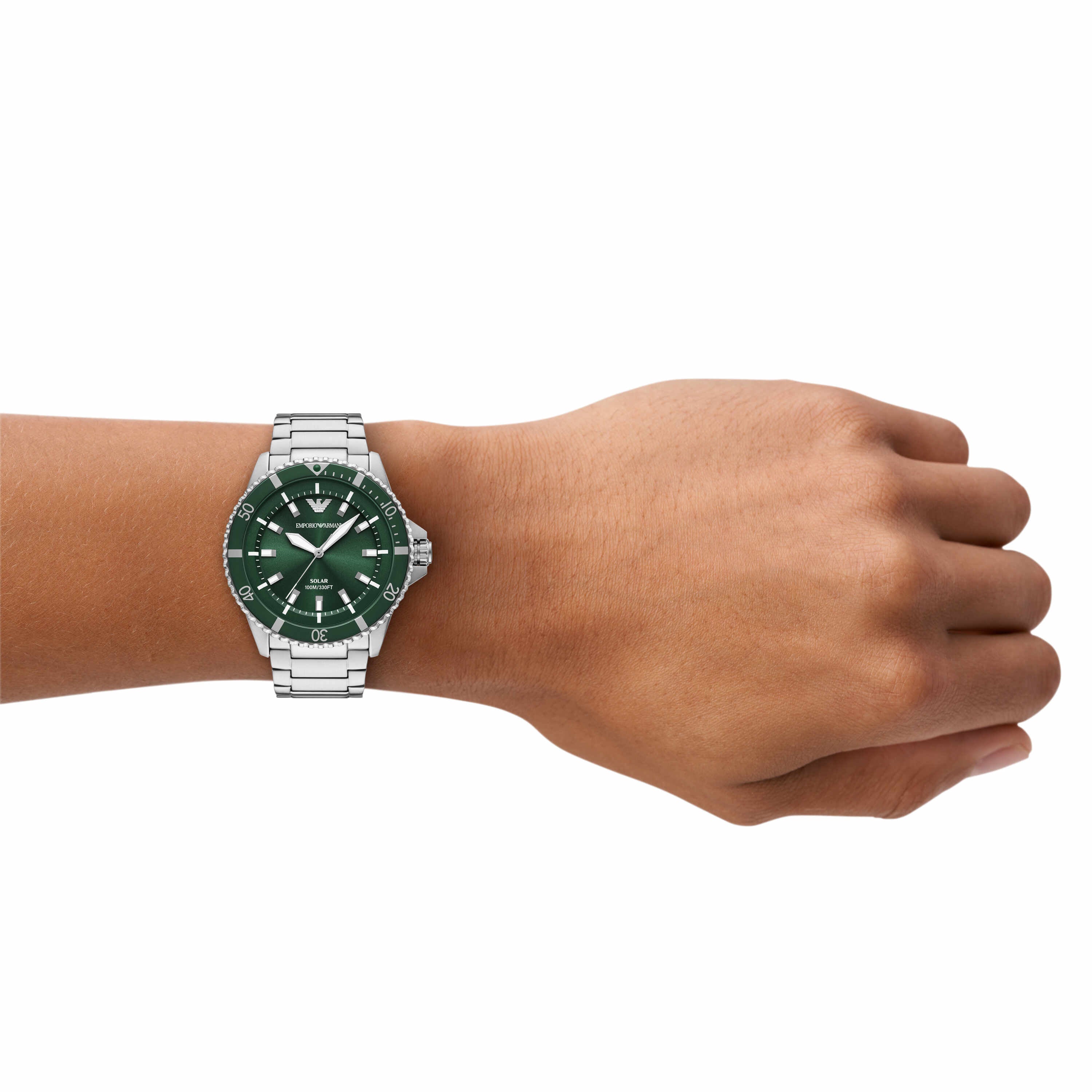 Armani World Explorer Solar Powered Stainless Steel Green Dial Watch AR11698