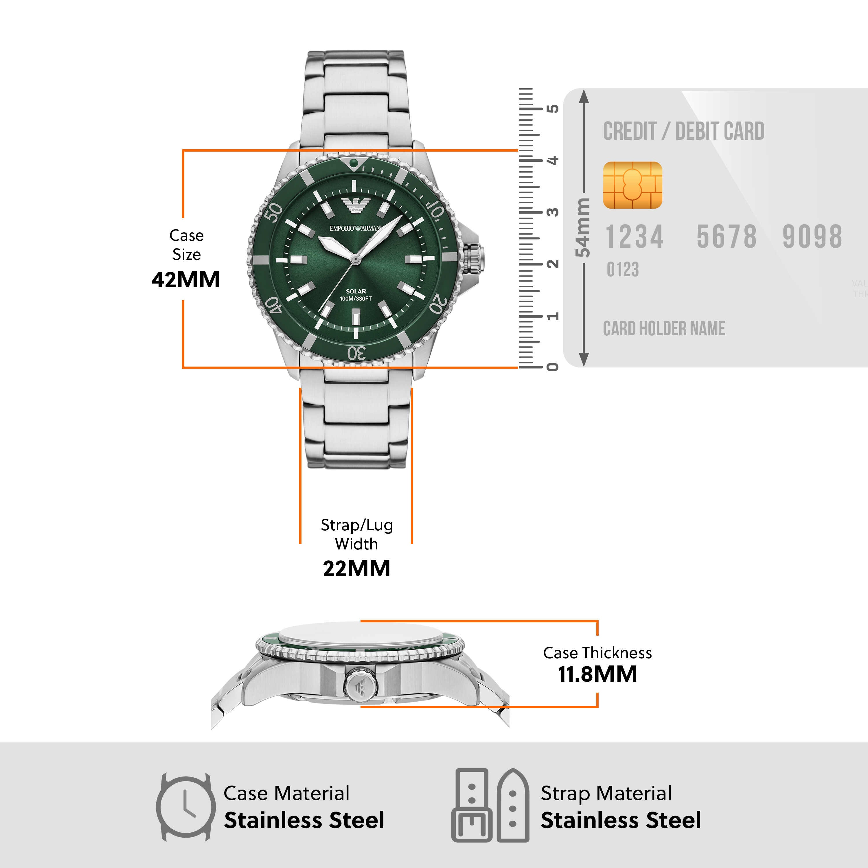 Armani World Explorer Solar Powered Stainless Steel Green Dial Watch AR11698