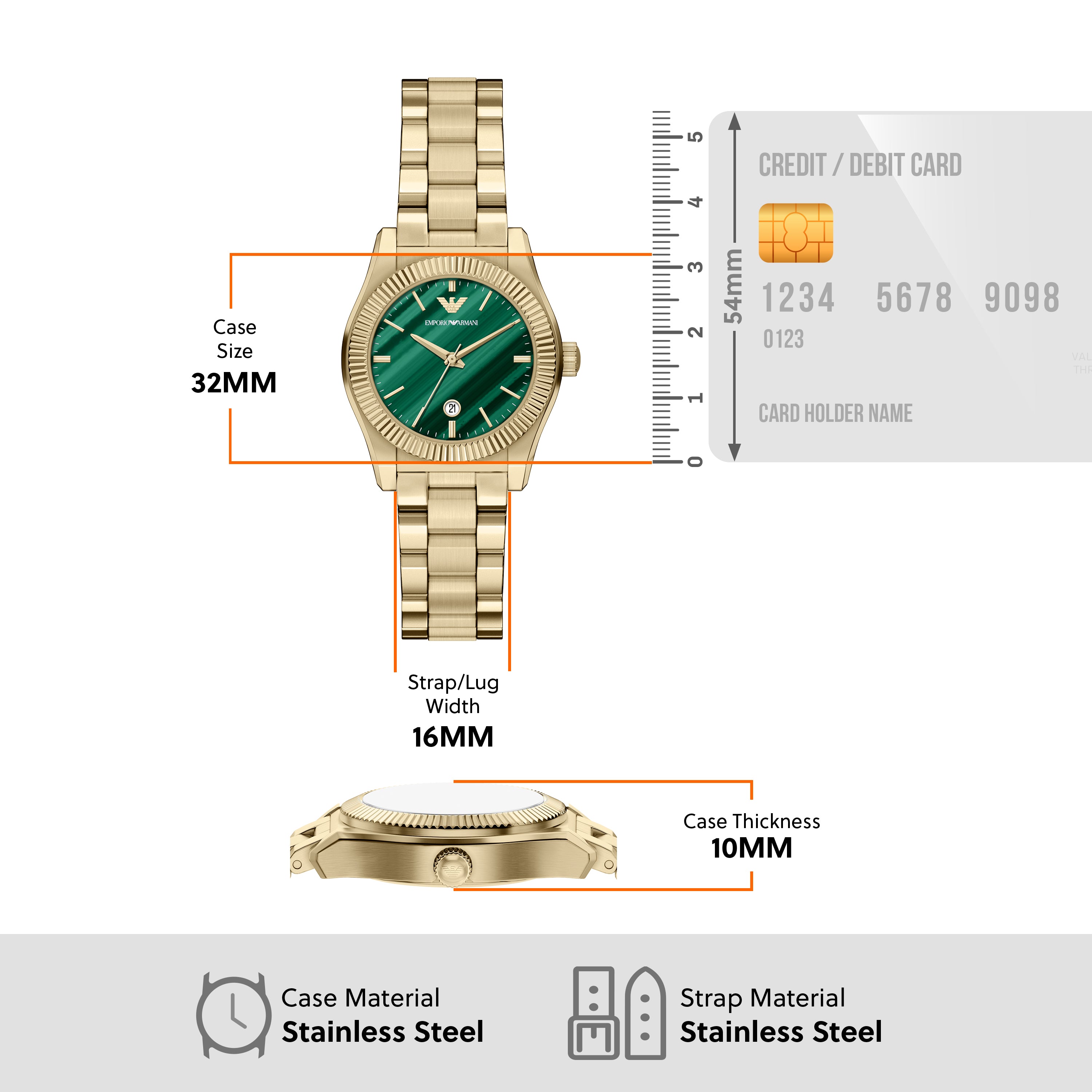 Emporio Armani Green Dial Gold Tone Stainless Steel Women's Watch AR11761