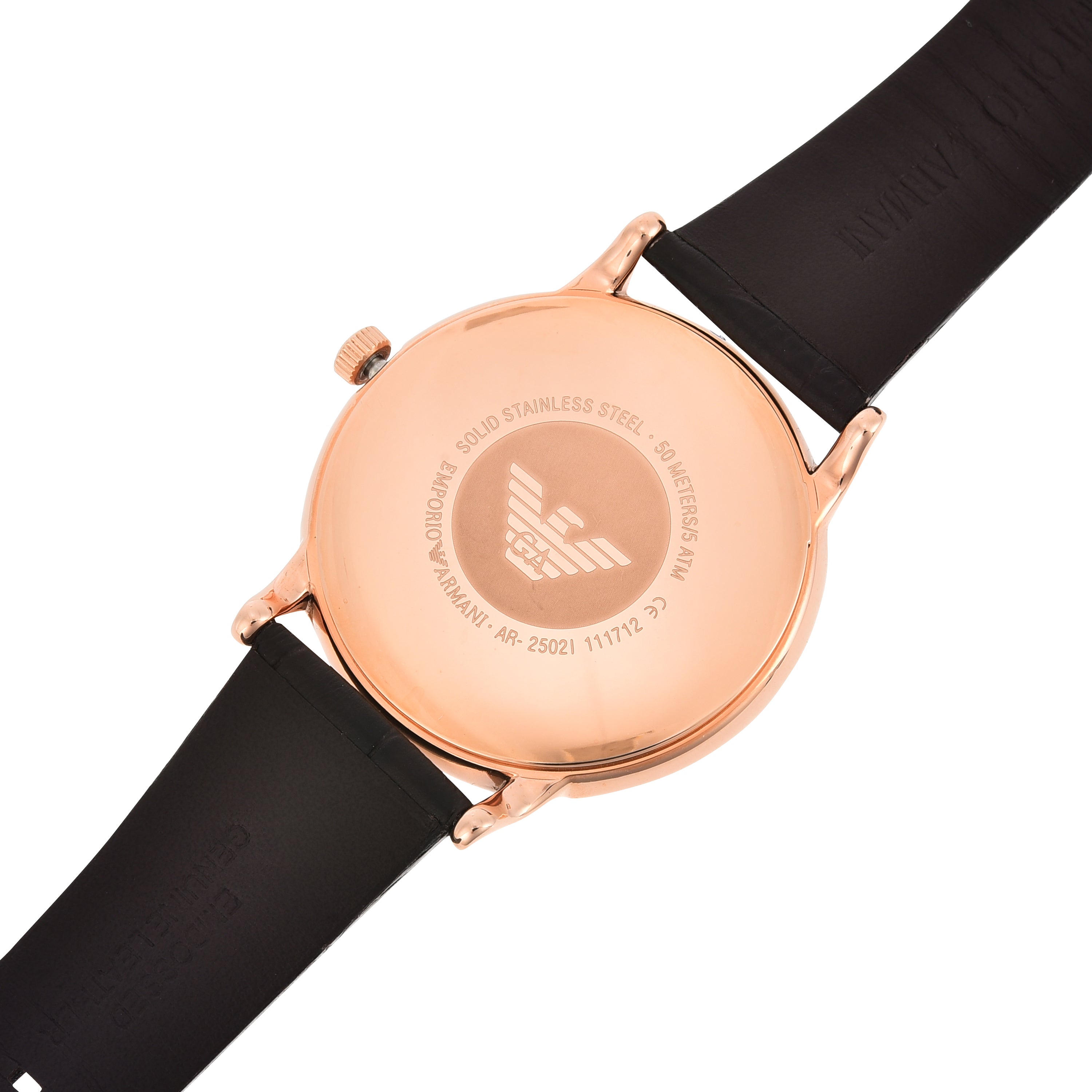 Wristwatch with a rose gold case and black leather strap.
