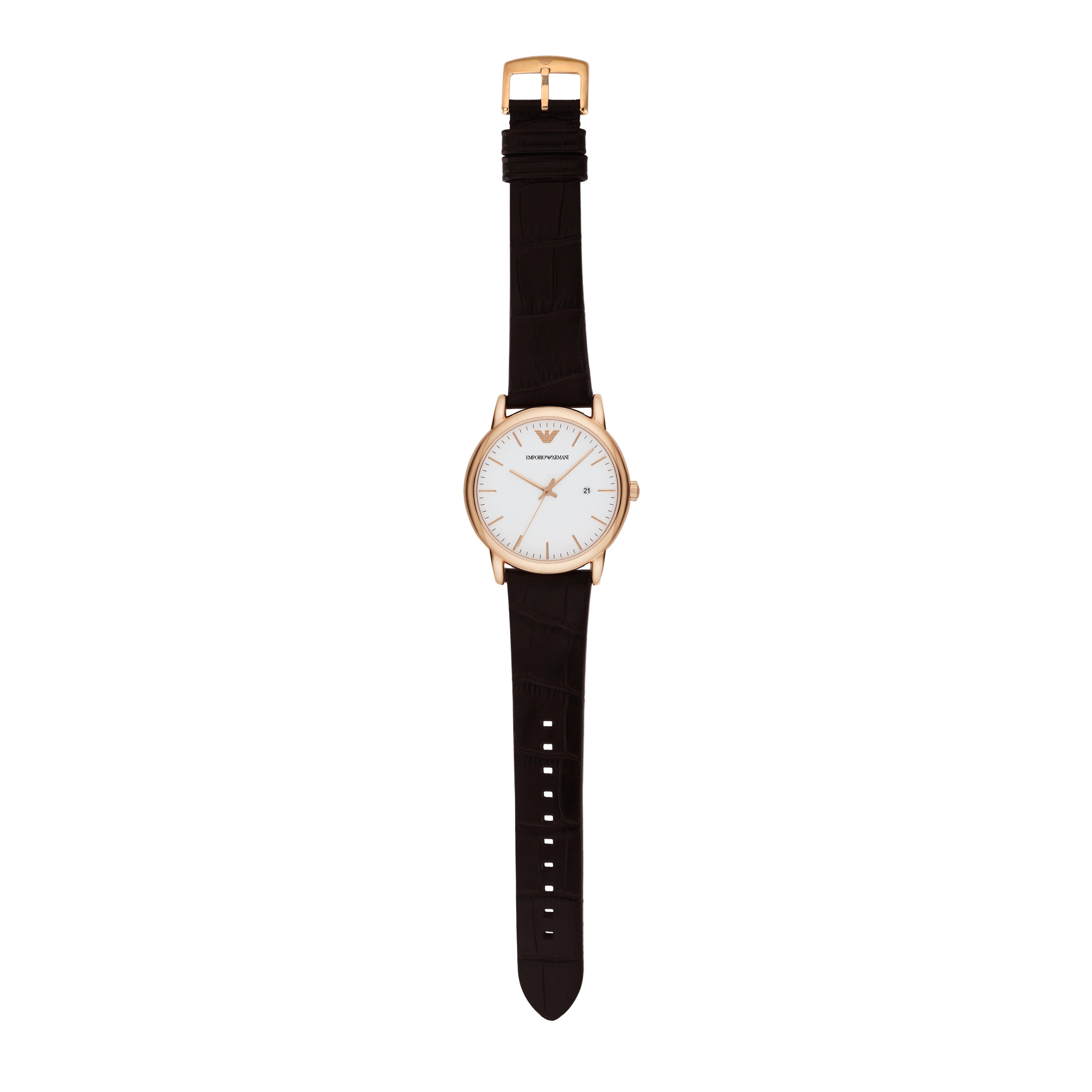 Elegant wristwatch with a rose gold case, white dial, and black leather strap.