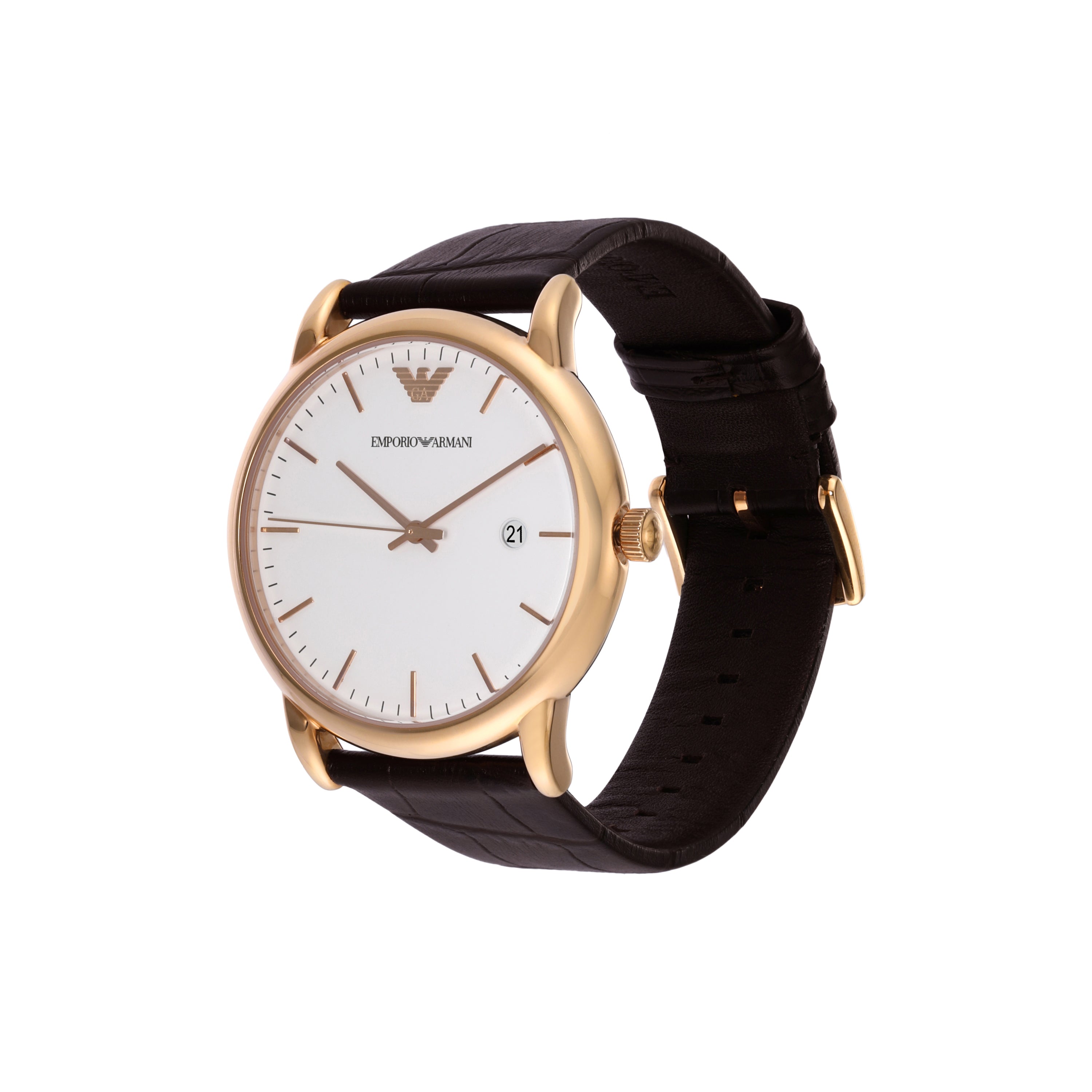 Elegant wristwatch with a gold-tone case, white dial, and black leather strap.