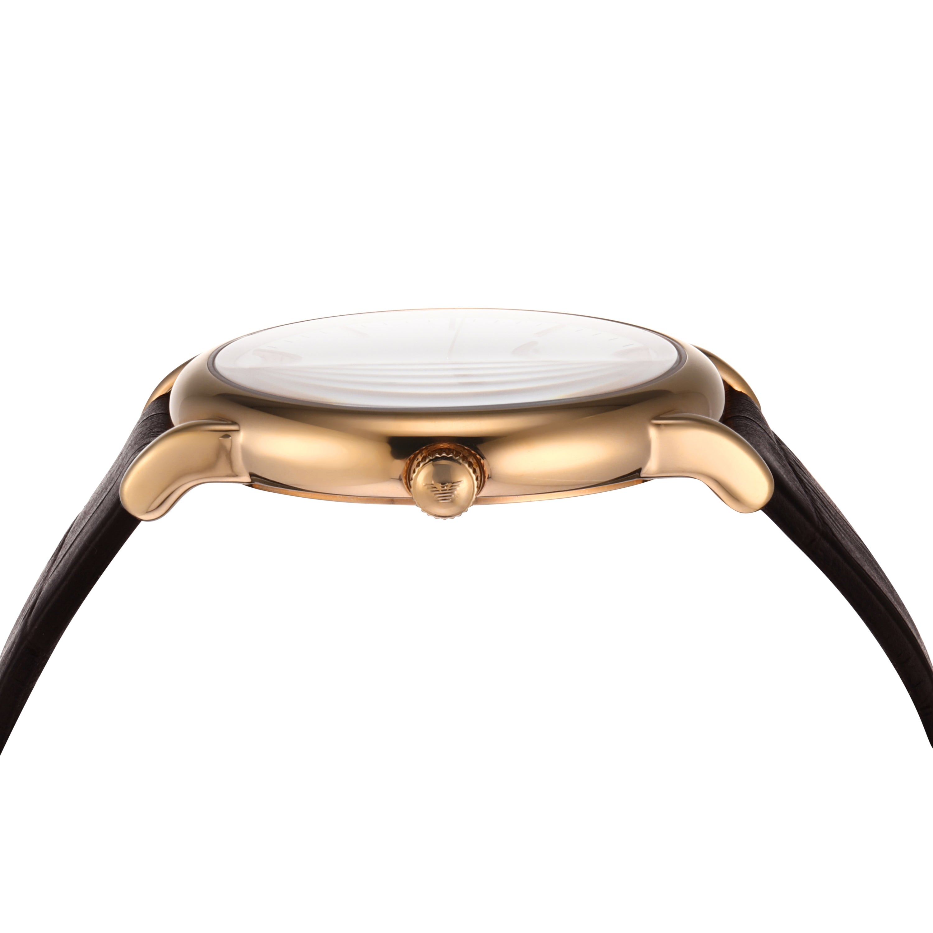 Gold-toned wristwatch with a dark leather strap viewed from the side.