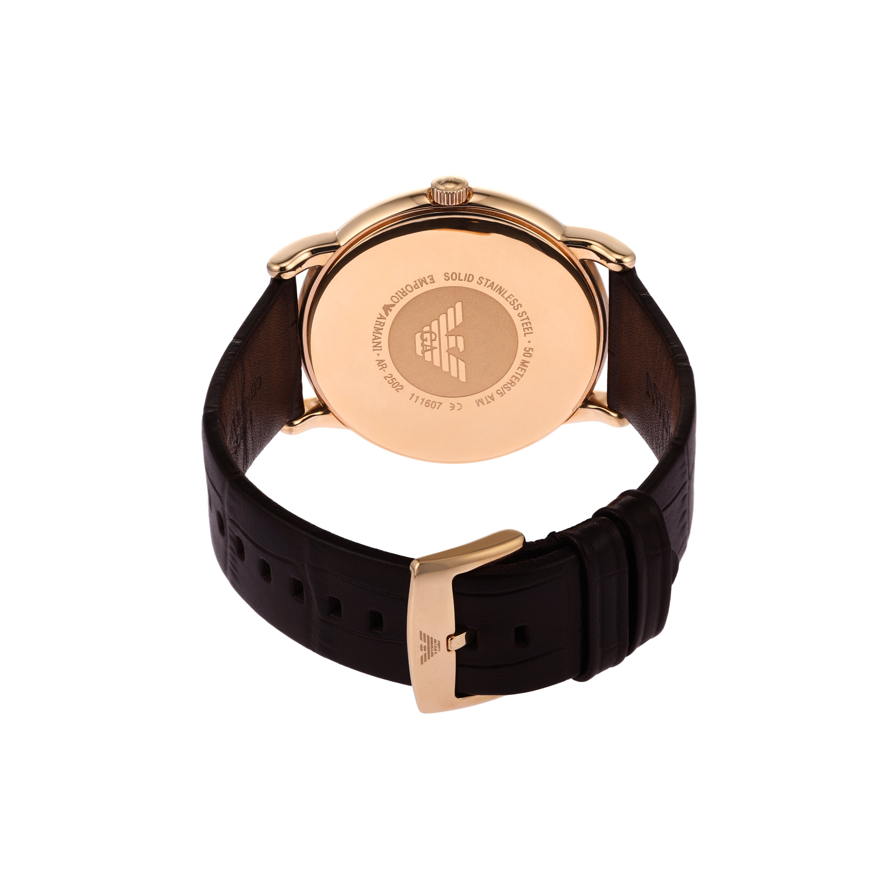 Wristwatch with a rose gold case and dark brown leather strap.
