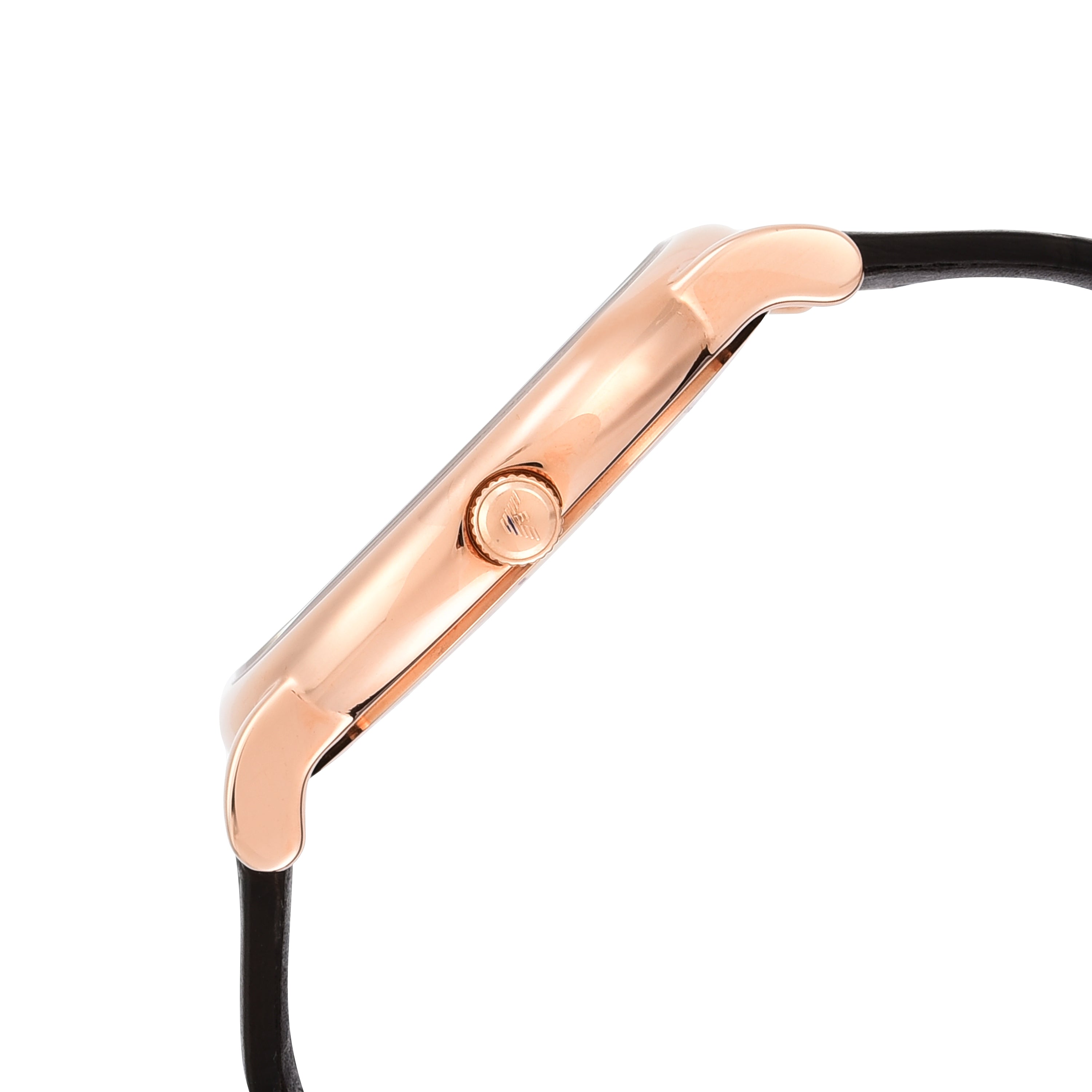 Rose gold wristwatch with a black band and a single side button.