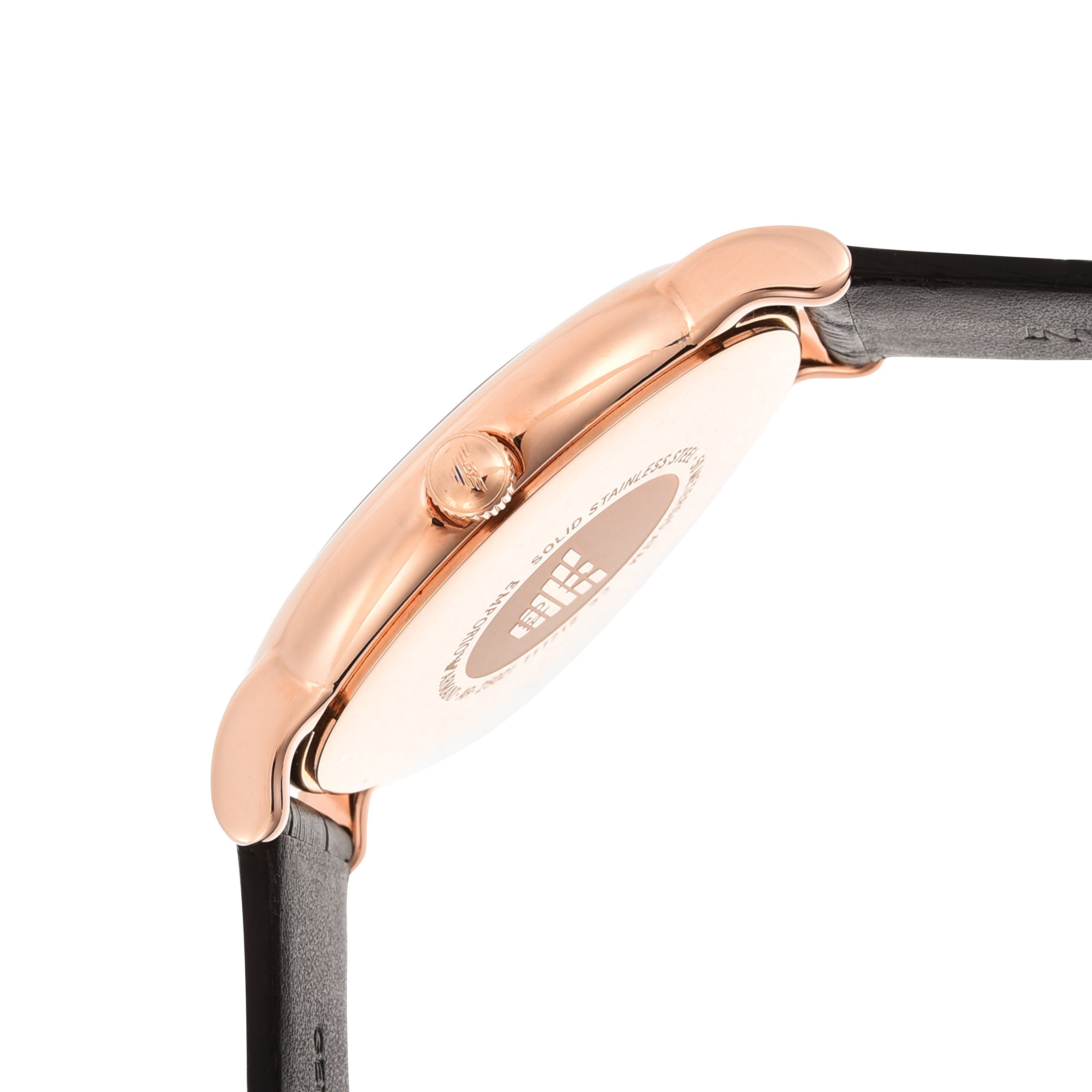 Rose gold wristwatch with a black leather strap.
