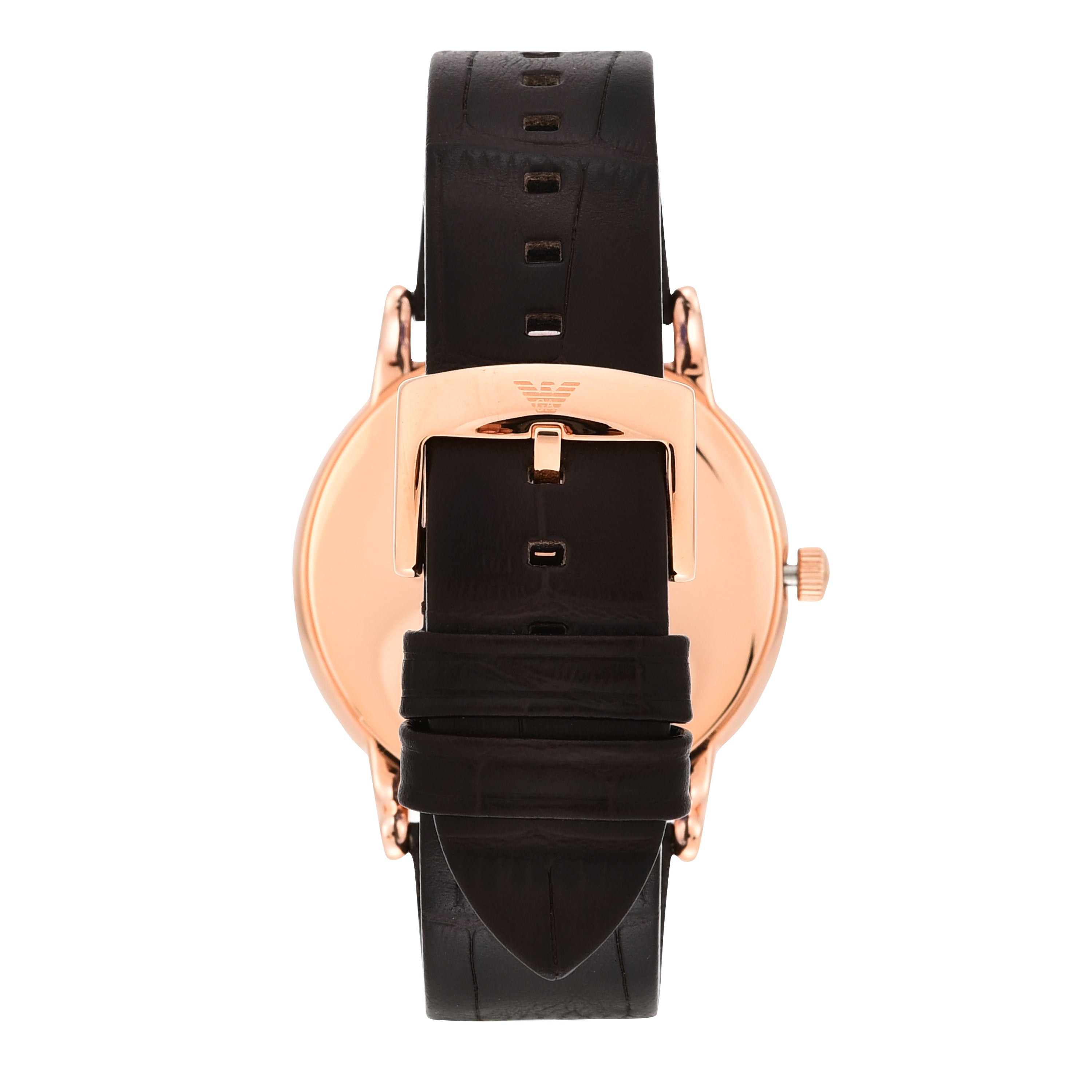 Wristwatch with a rose gold case and black rubber strap.