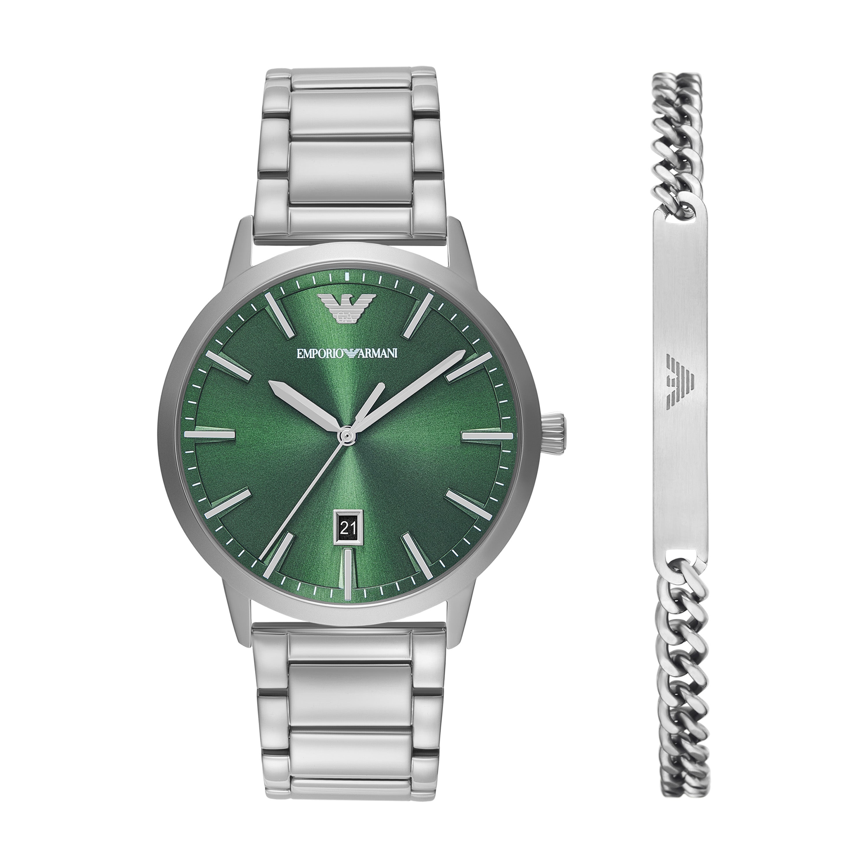 Emporio Armani Green Dial Stainless Steel Silver Watch Set AR80082SET