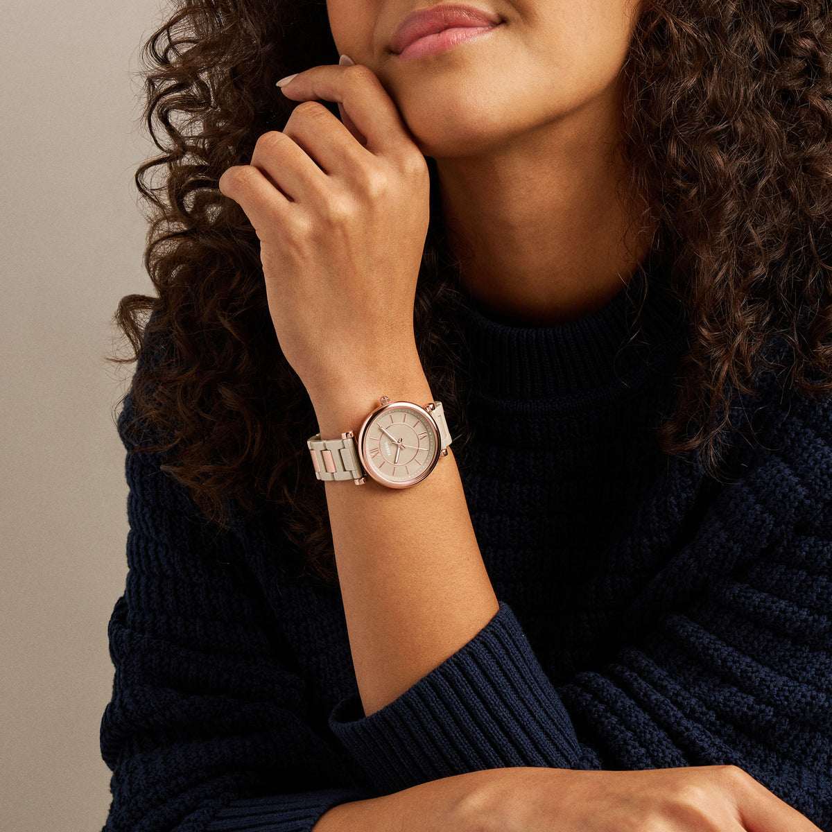 Fossil Carlie Salted Caramel Ceramic CE1141 on the wrist