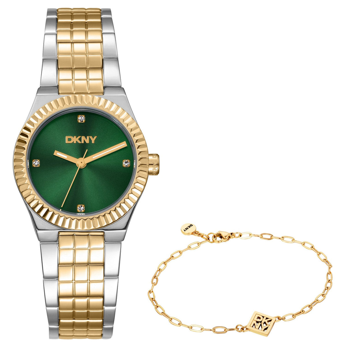 DKNY Essentials Green Dial Two Tone Steel Womens Watch DK1L182M0065 front packshot