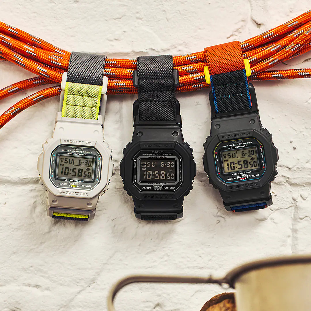 G-Shock Digital Black Case Multi Colour Band Nylon FIDLOCK Clasp Band Watch DW5600MNC-8A2