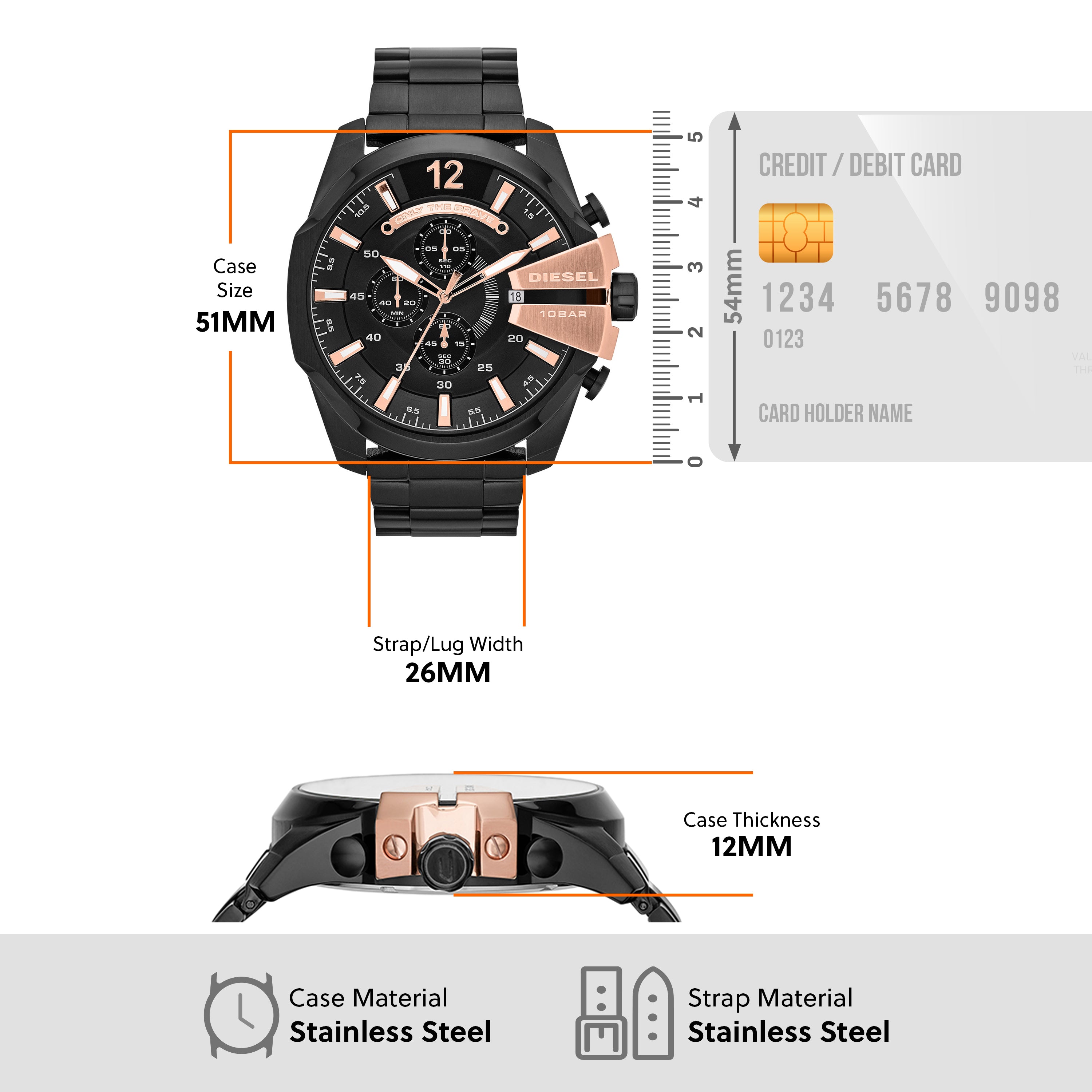 Stylish black and rose gold chronograph wristwatch with metal bracelet.