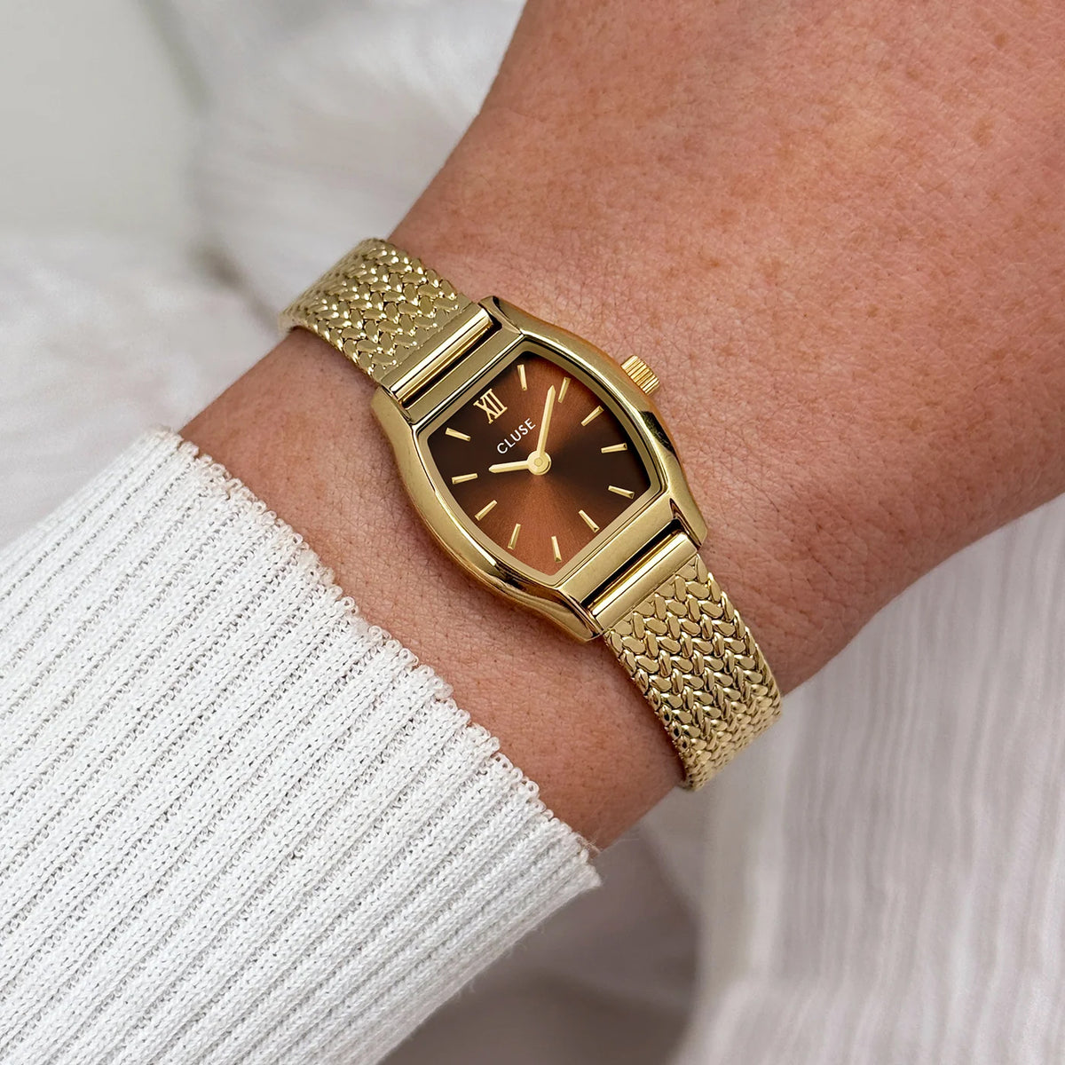 CLUSE Tonnette Mini Brown Mesh Gold Watch CW16504 detail