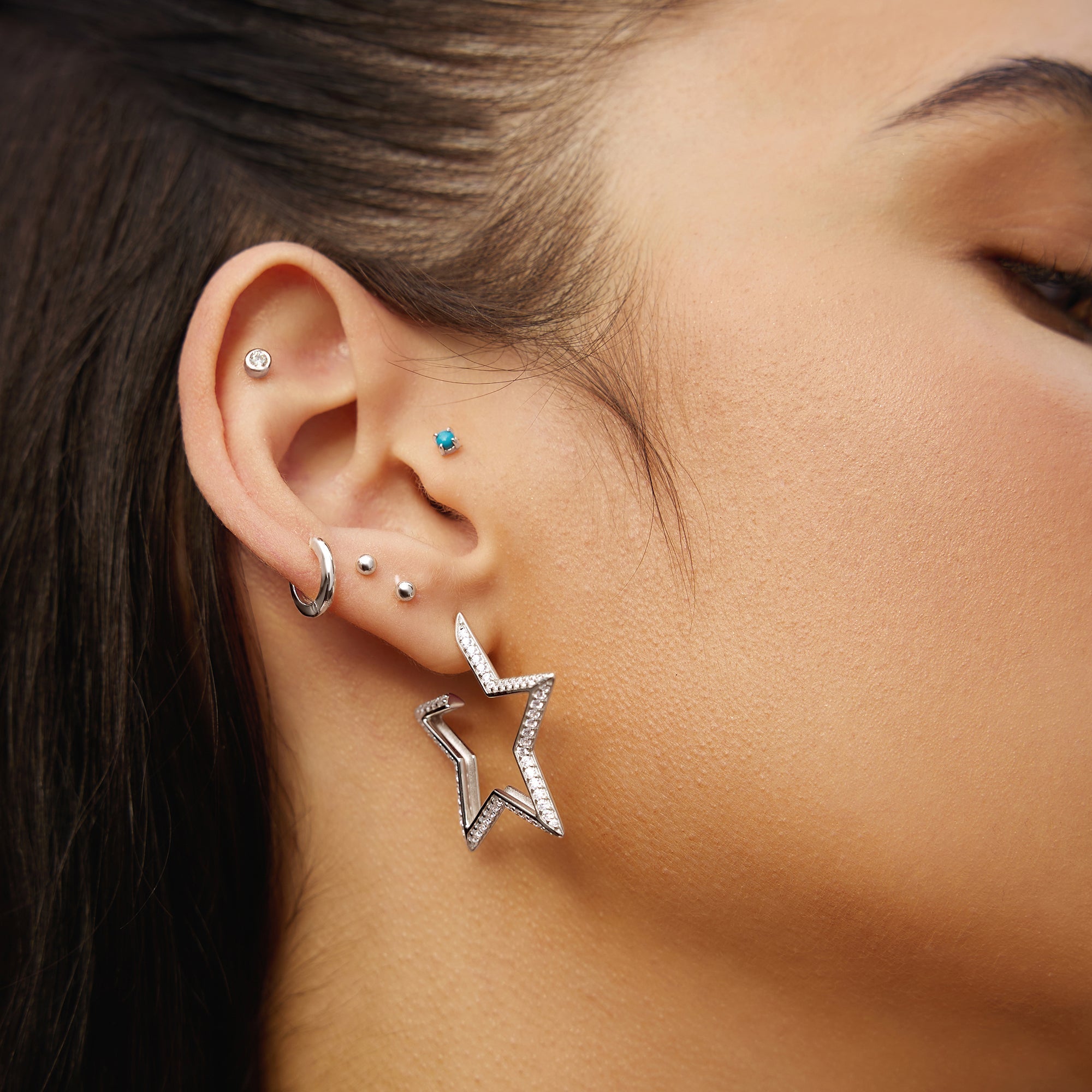 Ania Haie Silver Large Star-Shaped Pave Hoop Earrings