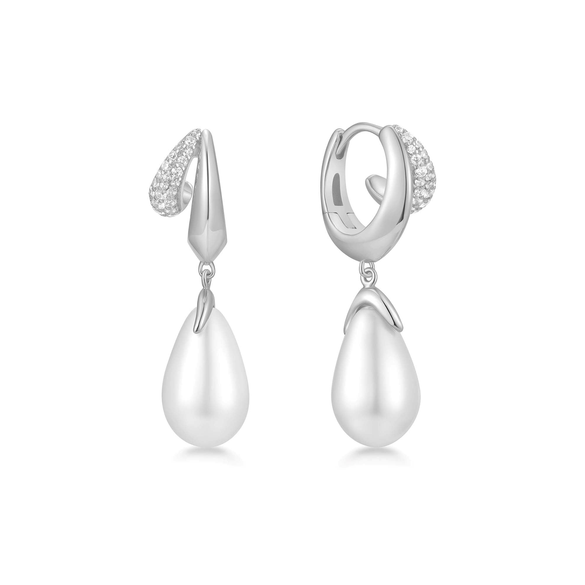 Silver Shell Pearl Drop Huggie Hoops Trendy Affordable Luxury Earrings