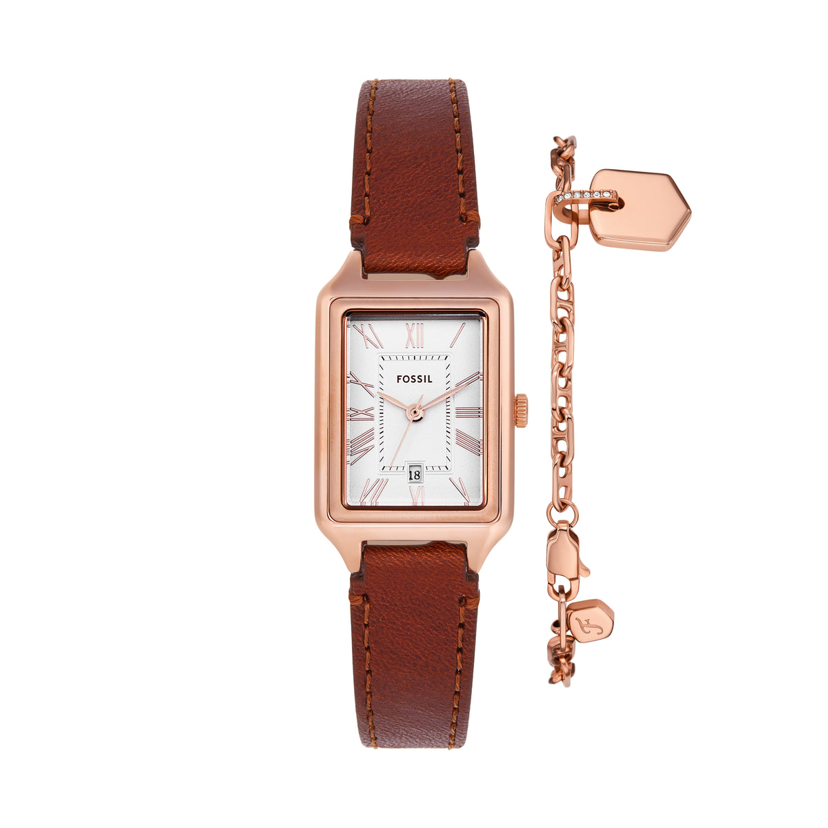Fossil Raquel Three-Hand Brown Leather Watch and Bracelet 