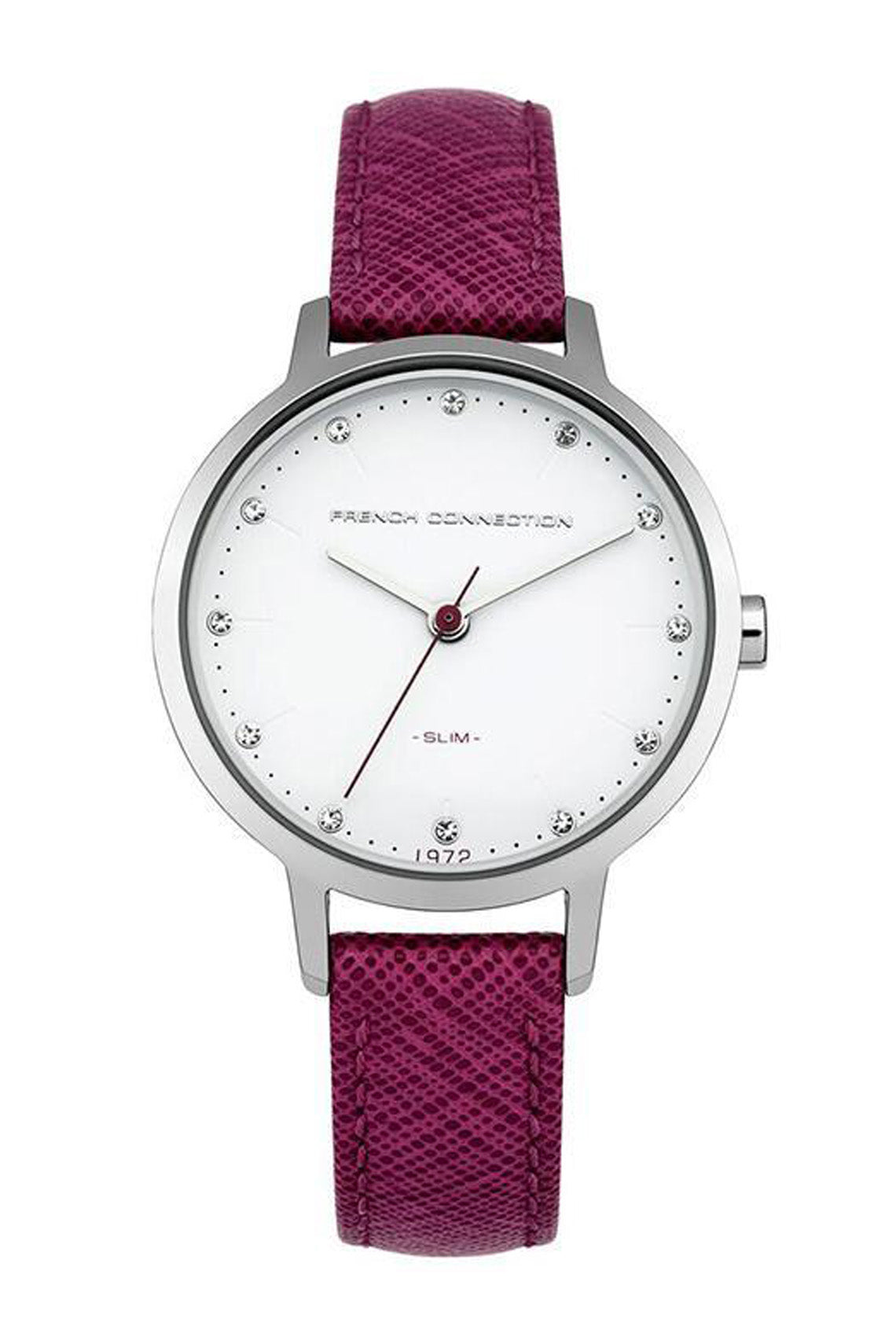 French Connection Mulberrt 30mm White Dial Purple Saffiano Leather Strap Watch