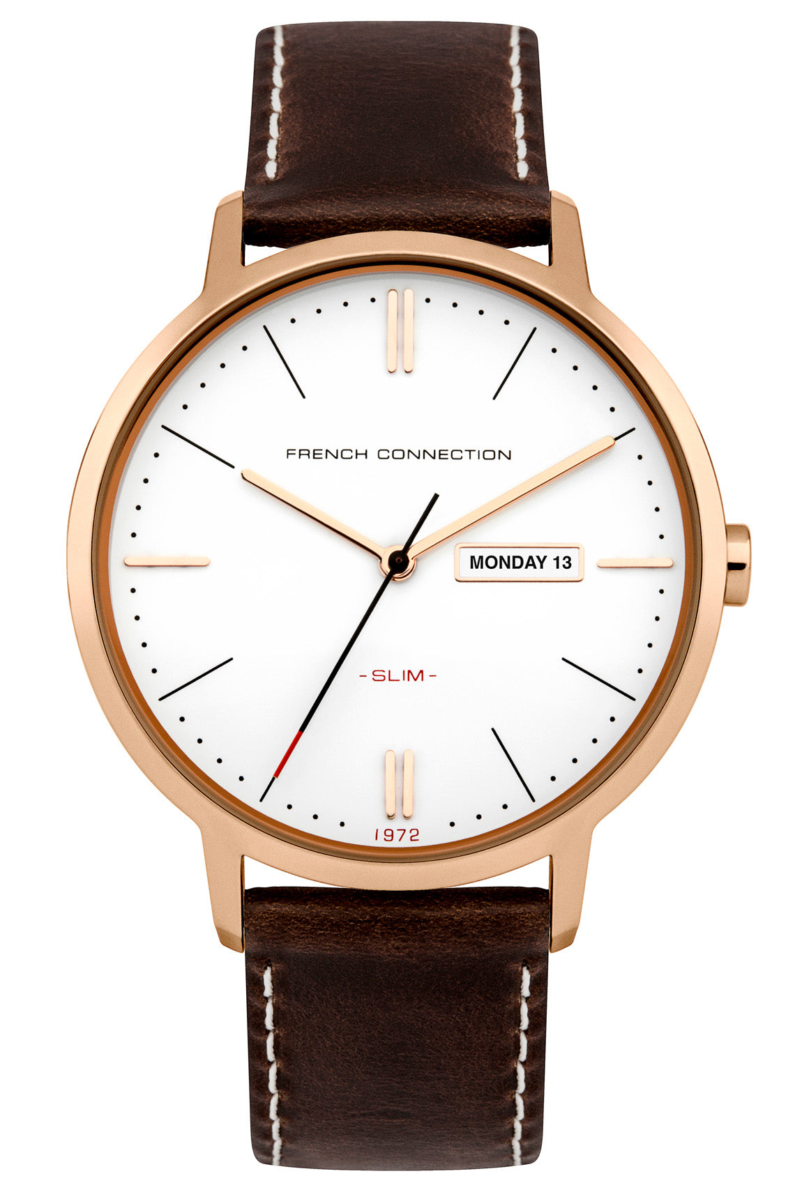 French Connection Newgate 39mm White Dial Brown Leather Strap Watch