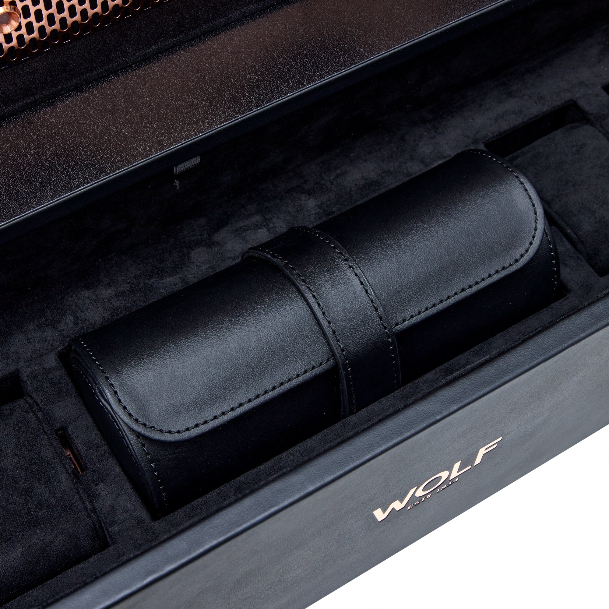 WOLF Axis 12 Piece Watch Winder Cabinet in Copper - angle