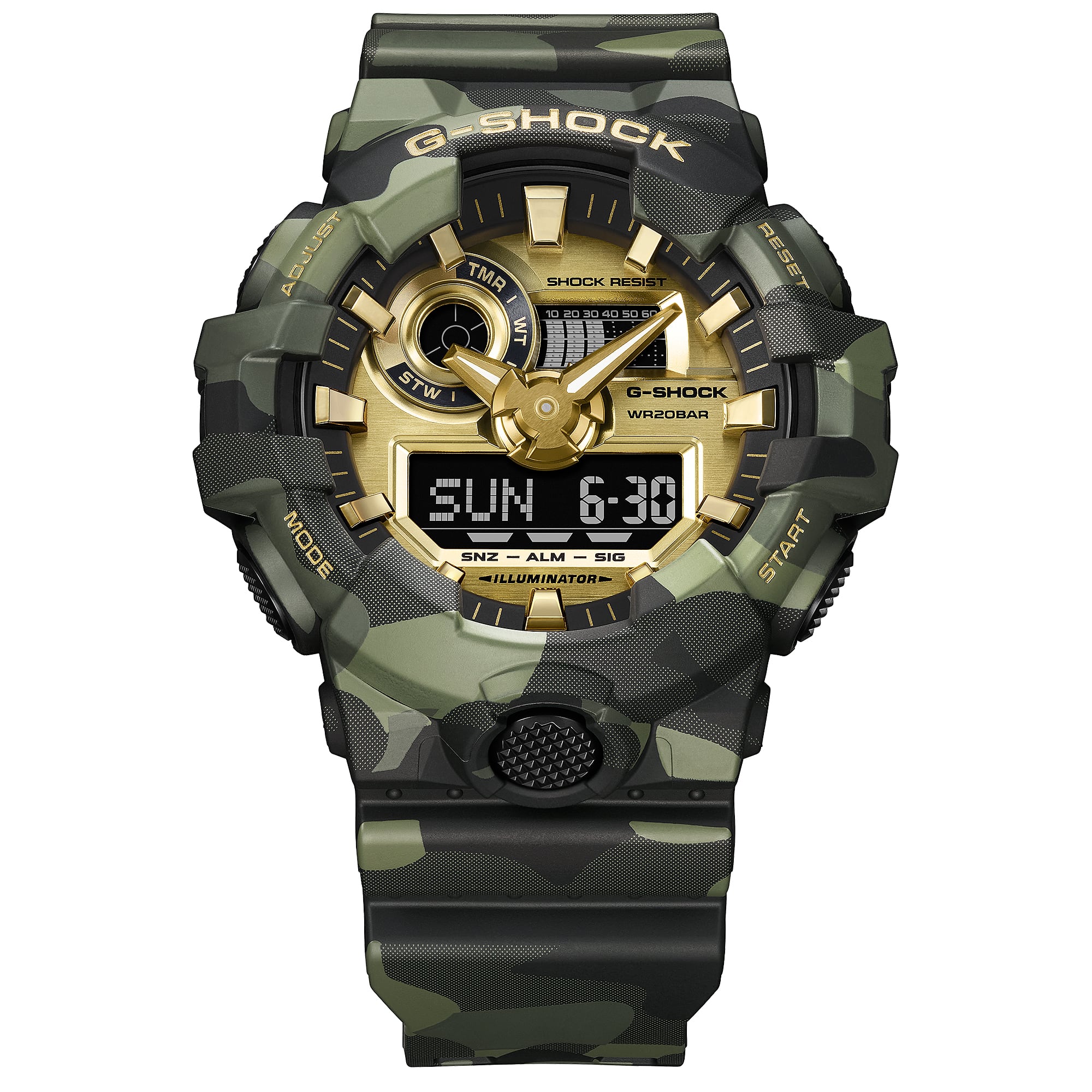 G-Shock GA700CMG-3A gold vapour deposition dial, front view.