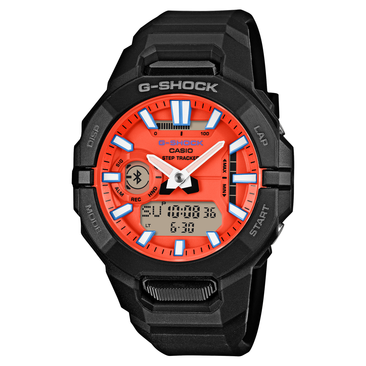 G-Shock MOVE GBA950-1A4 orange dial on a black resin band, shown straight on.