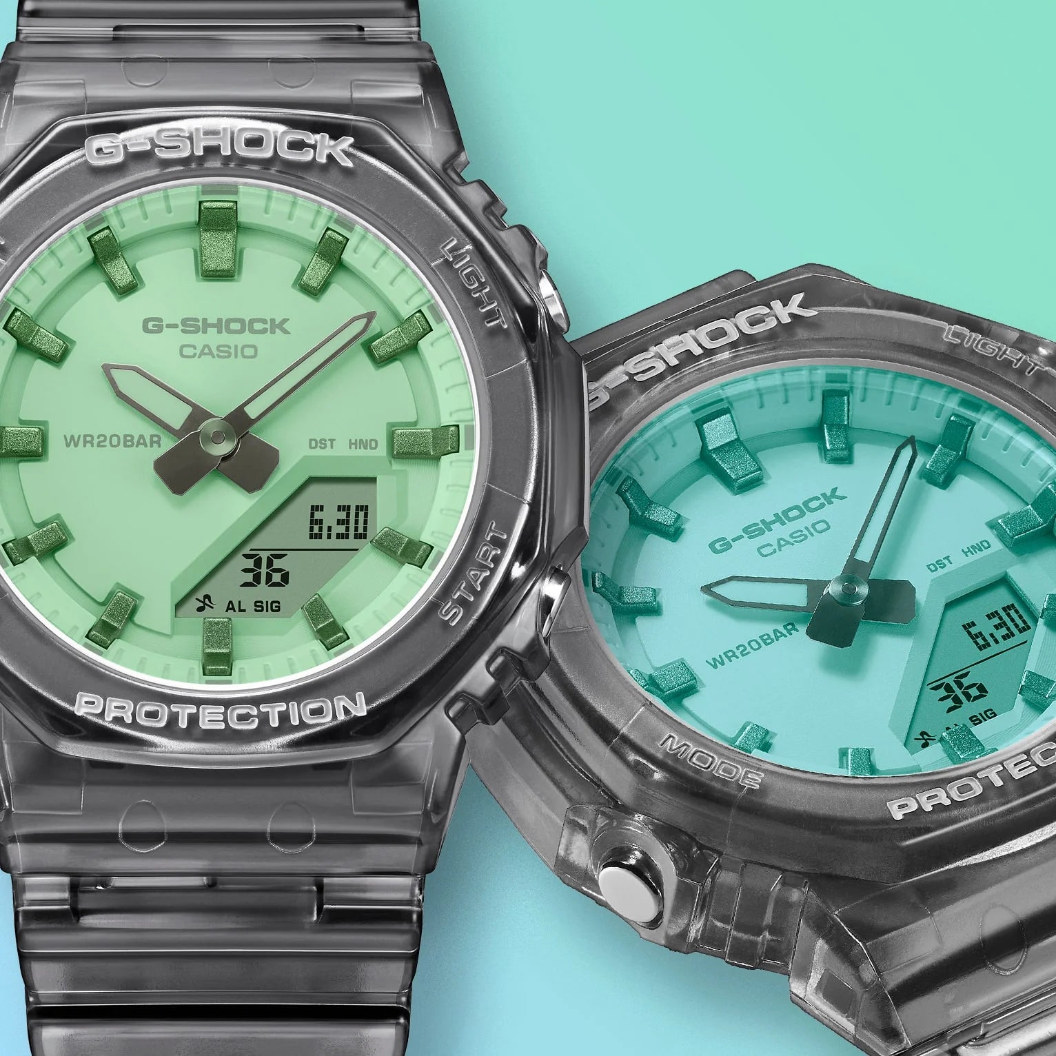 G-Shock Slim CasiOak Digital Transparent Black Green Dial Watch GMAP2100SR-1A