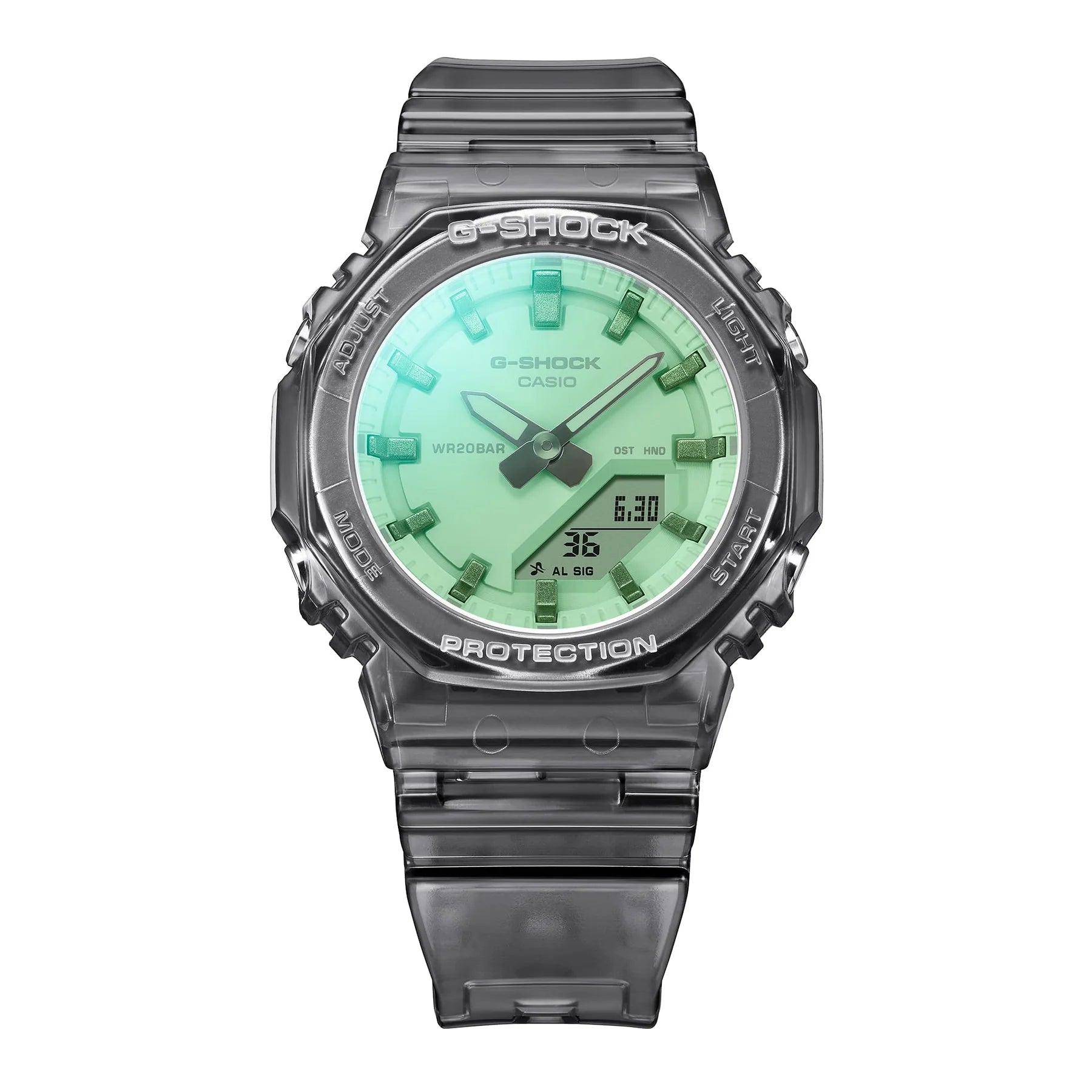 G-Shock Slim CasiOak Digital Transparent Black Green Dial Watch GMAP2100SR-1A