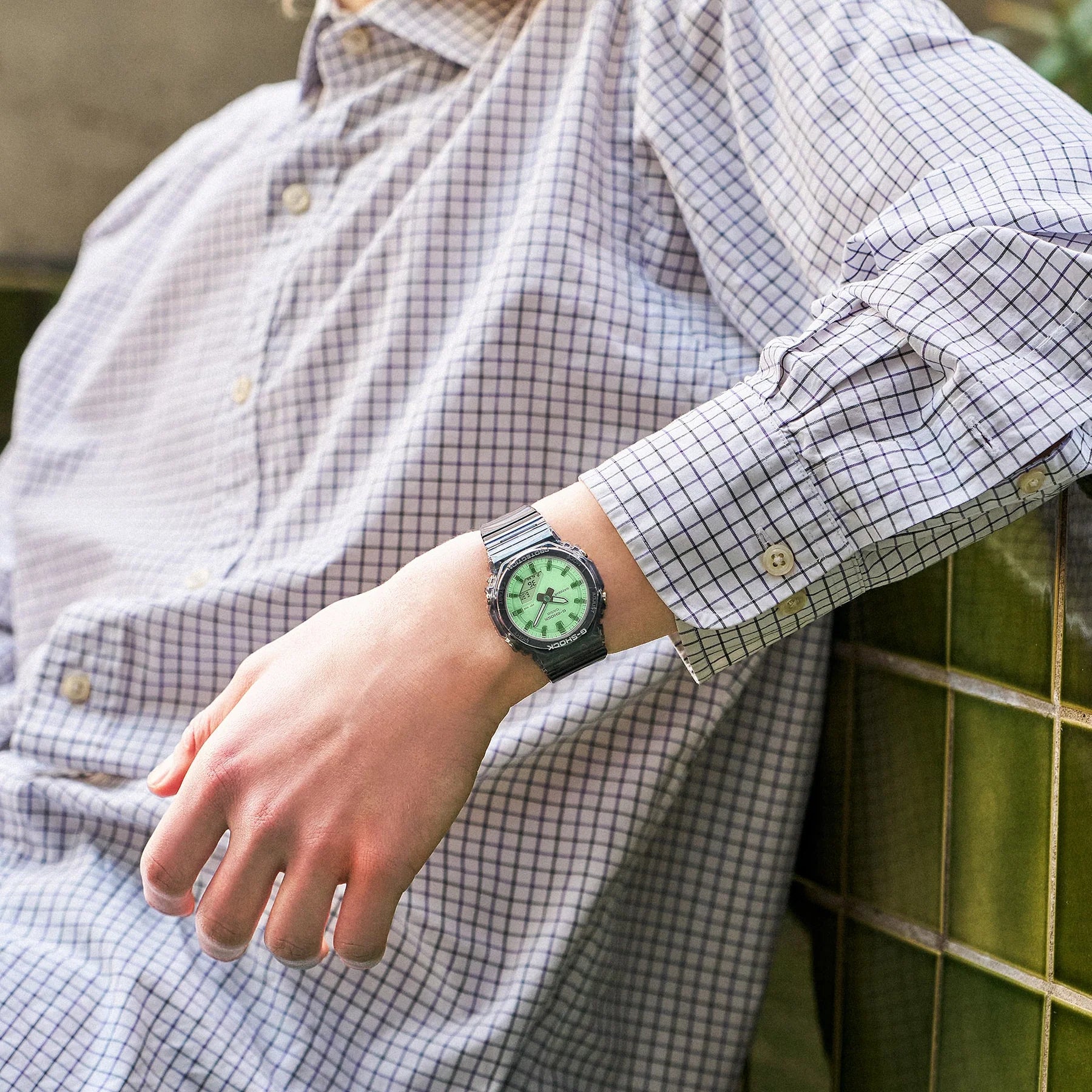 G-Shock Slim CasiOak Digital Transparent Black Green Dial Watch GMAP2100SR-1A