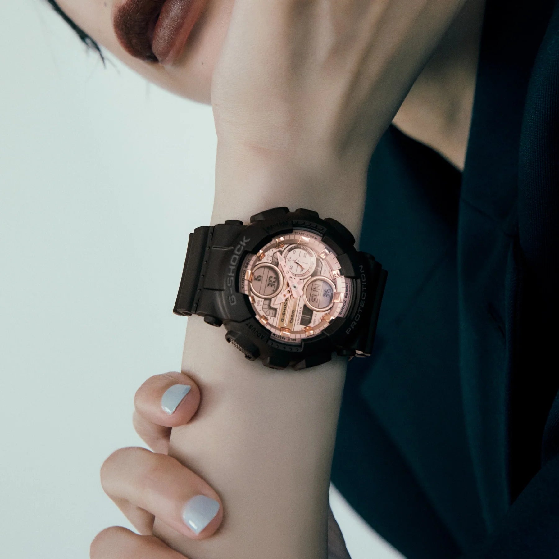 G-Shock Analog Digital Mid Size Black Resin Band Rose Gold Dial Watch GMAS140PG-1A