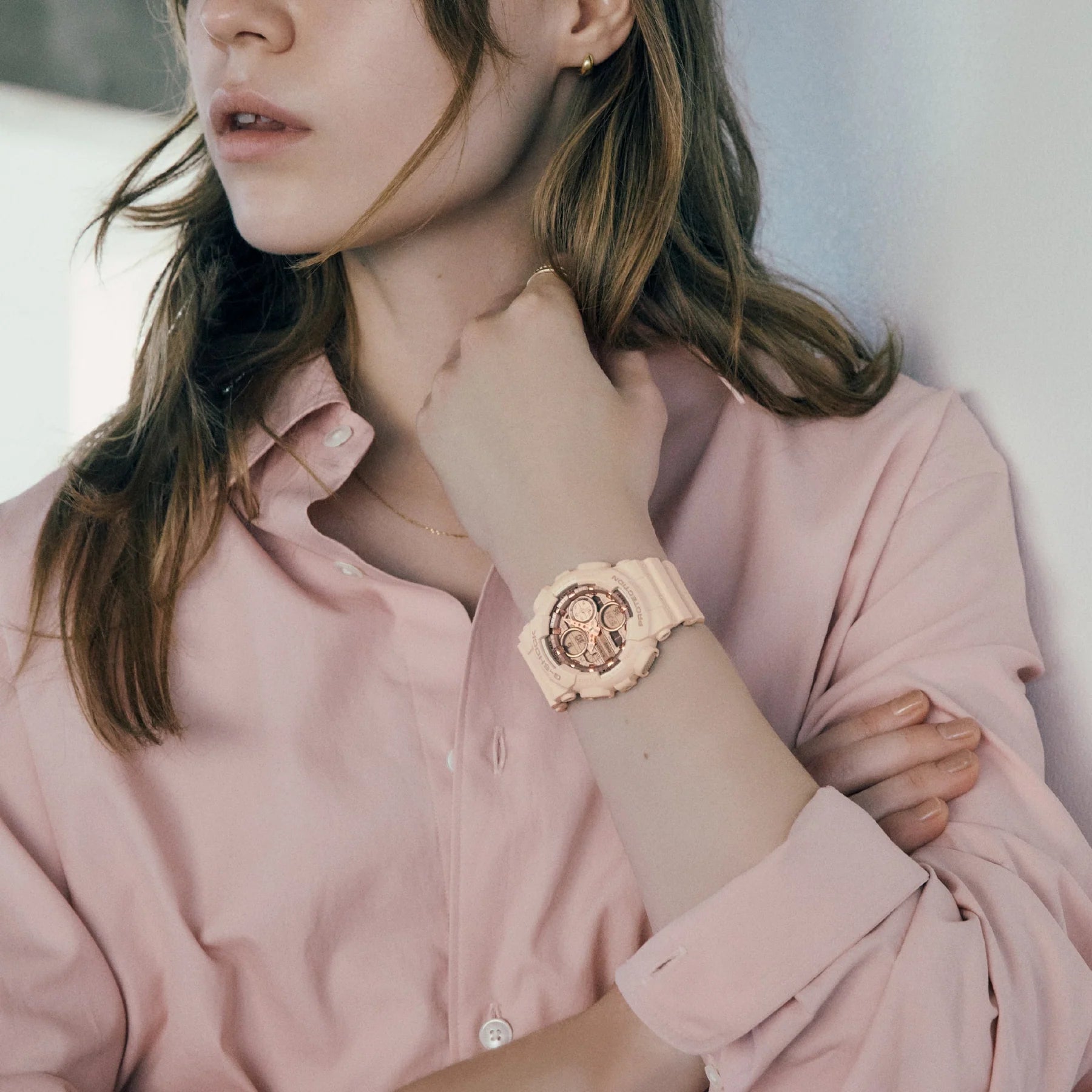 G-Shock Analog Digital Mid Size Pink Beige Resin Band Rose Gold Dial Watch GMAS140PG-4A