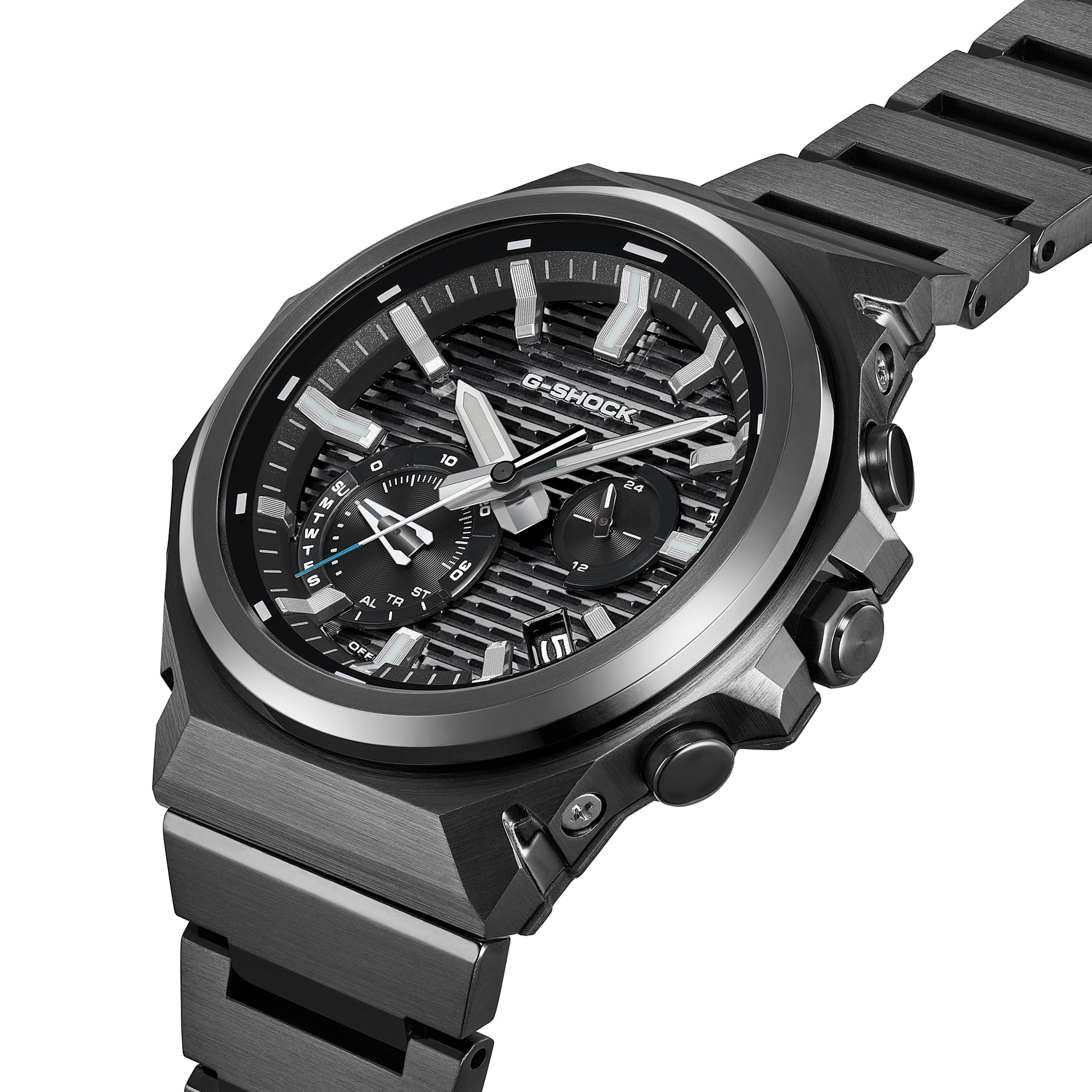 Detail view of the black ion-plated steel bracelet on the G-Shock GSTB1000BD-1A.