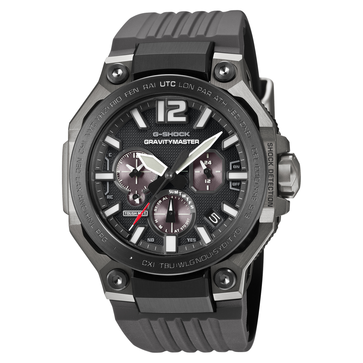 G-Shock Gravitymaster GWRB3000B-8A grey dial and bezel on a grey resin band, shown straight on.