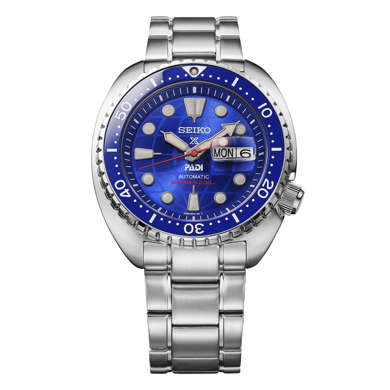 Seiko Prospex PADI 60th Anniversary HBB002K — front view of the globe-textured blue dial with red seconds hand, PADI logo and day-date — Watch Direct Australia